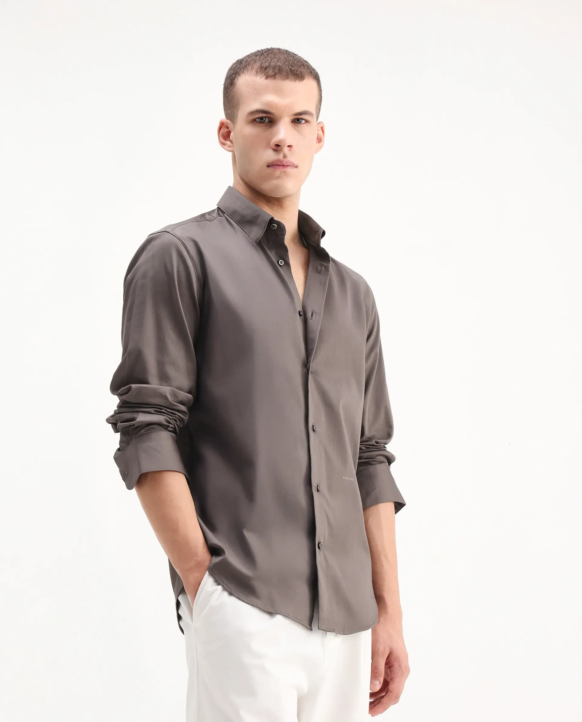 Rare Rabbit Men's Como-26 Dusky Brown Satin Plain Regular Fit Full Sleeve Collared Shirt - Image 6