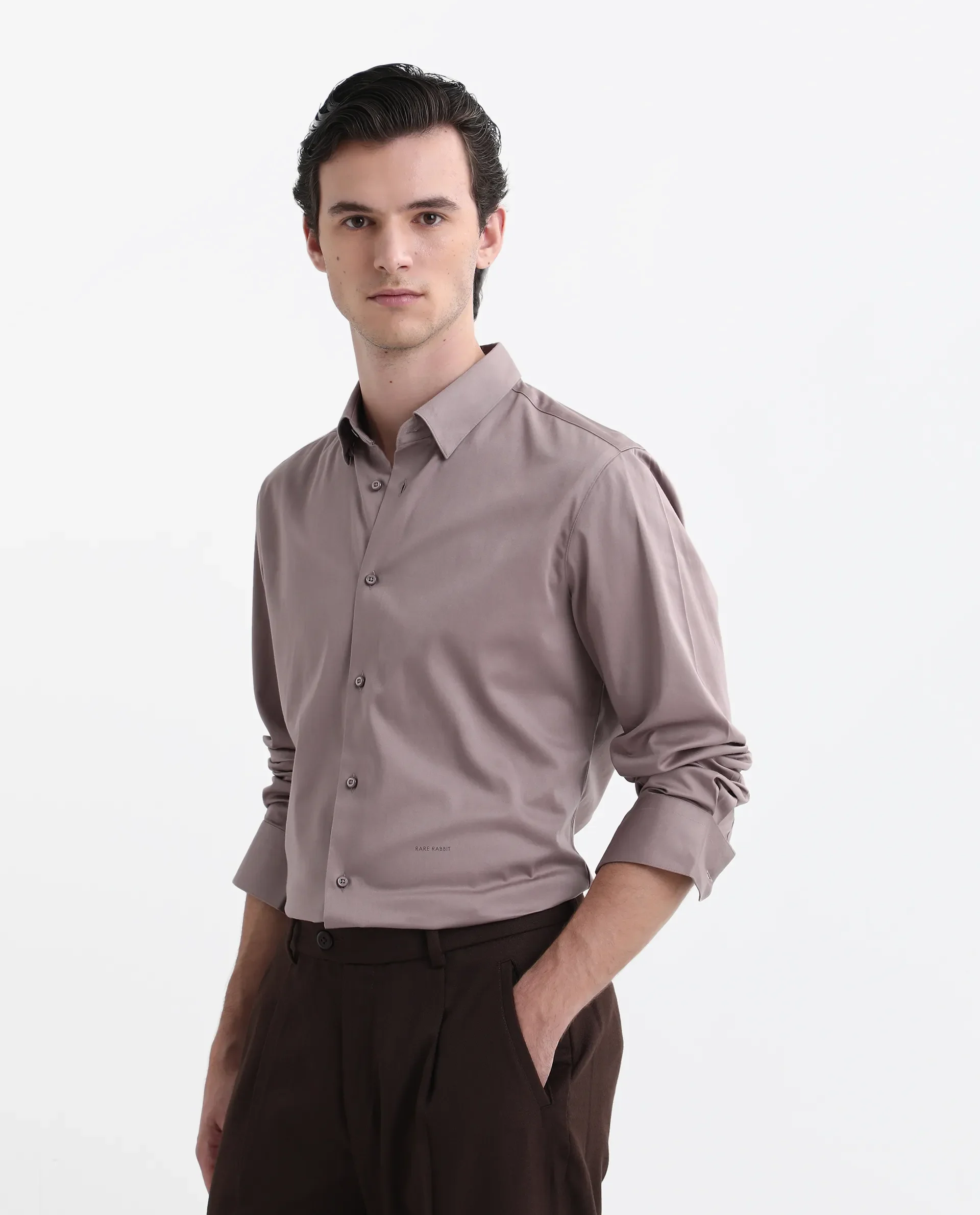 Rare Rabbit Men's Como-26 Dusky Pink Satin Plain Regular Fit Full Sleeve Collared Shirt - Image 4