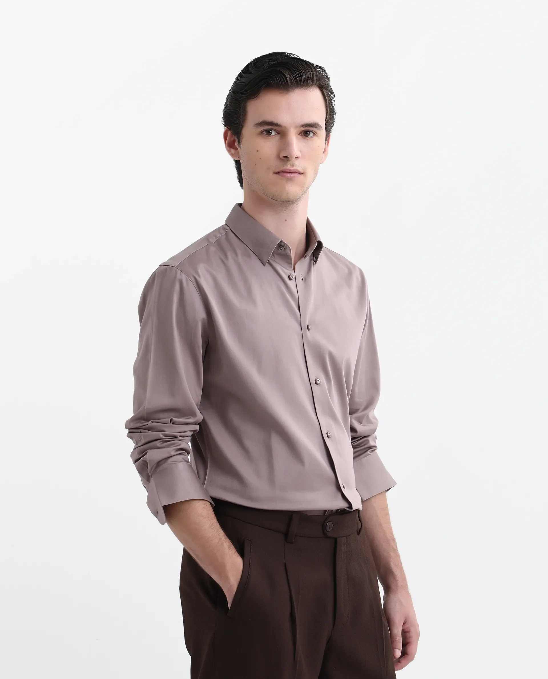Rare Rabbit Men's Como-26 Dusky Pink Satin Plain Regular Fit Full Sleeve Collared Shirt - Image 5