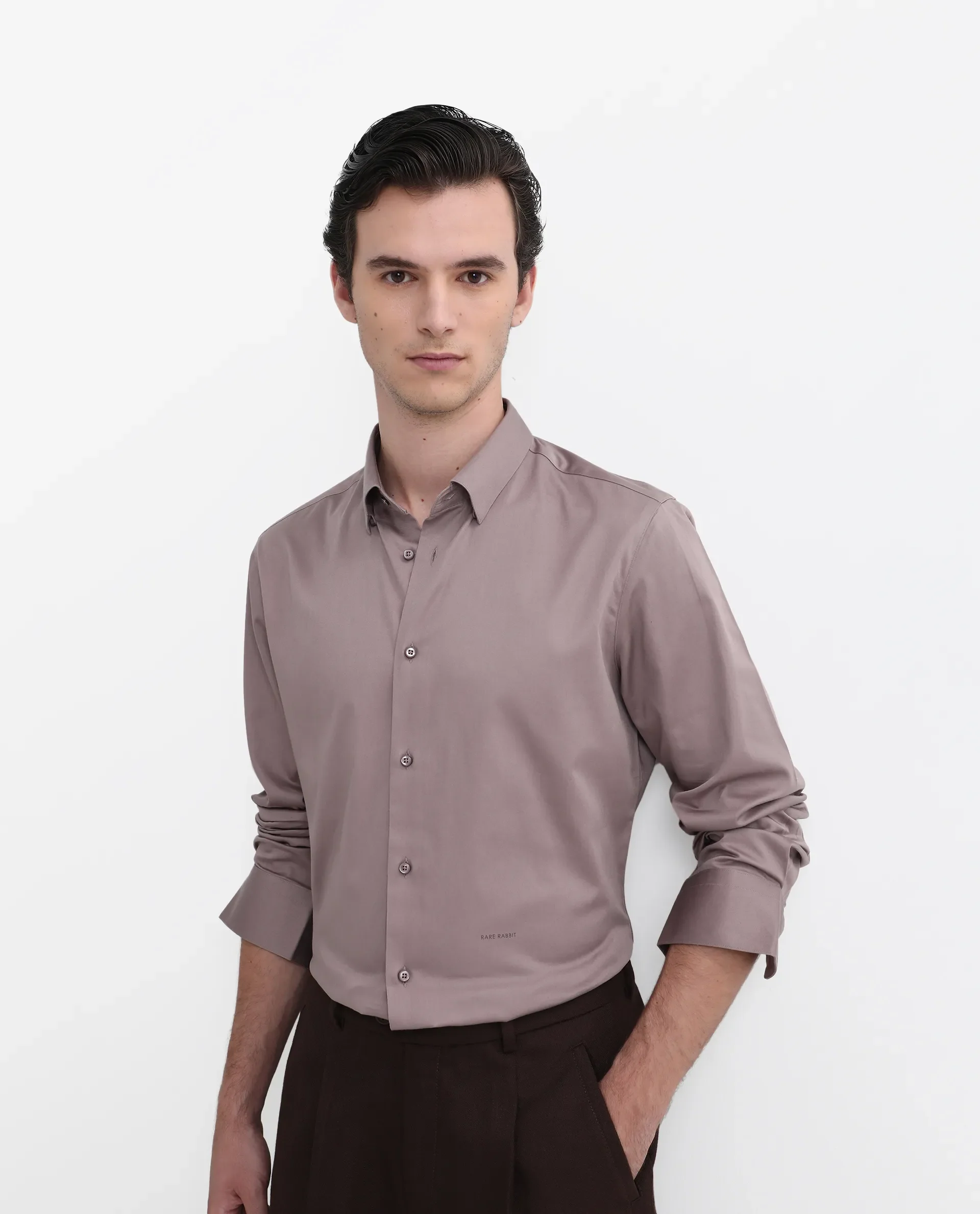 Rare Rabbit Men's Como-26 Dusky Pink Satin Plain Regular Fit Full Sleeve Collared Shirt - Image 7