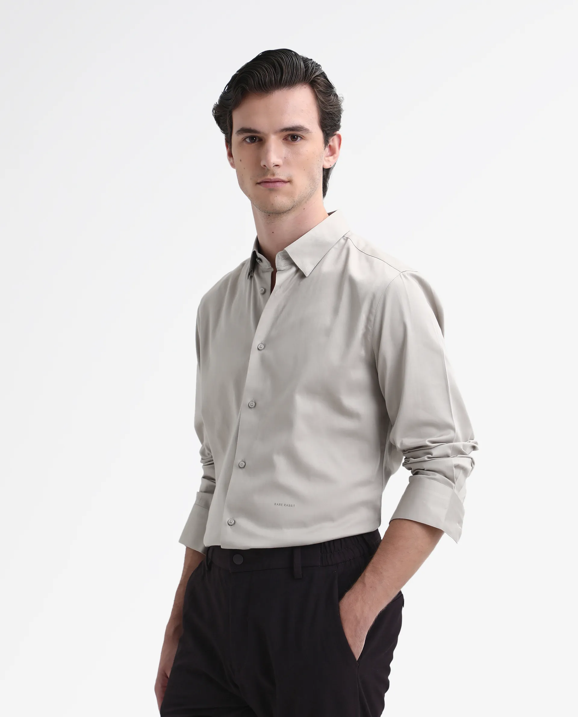 Rare Rabbit Men's Como-26 Light Beige Satin Plain Regular Fit Full Sleeve Collared Shirt - Image 4