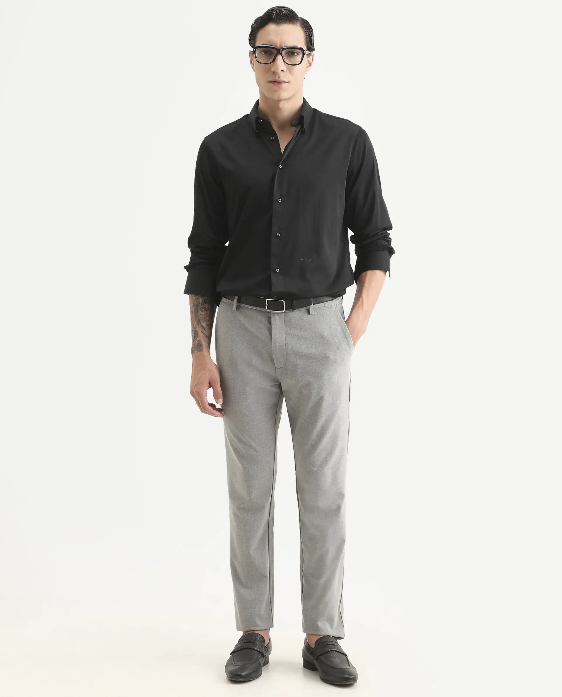 Rare Rabbit Men's Como-27 Black Cotton Blend Fabric Full Sleeve Spread Collar Regular Fit Plain Shirt - Image 2