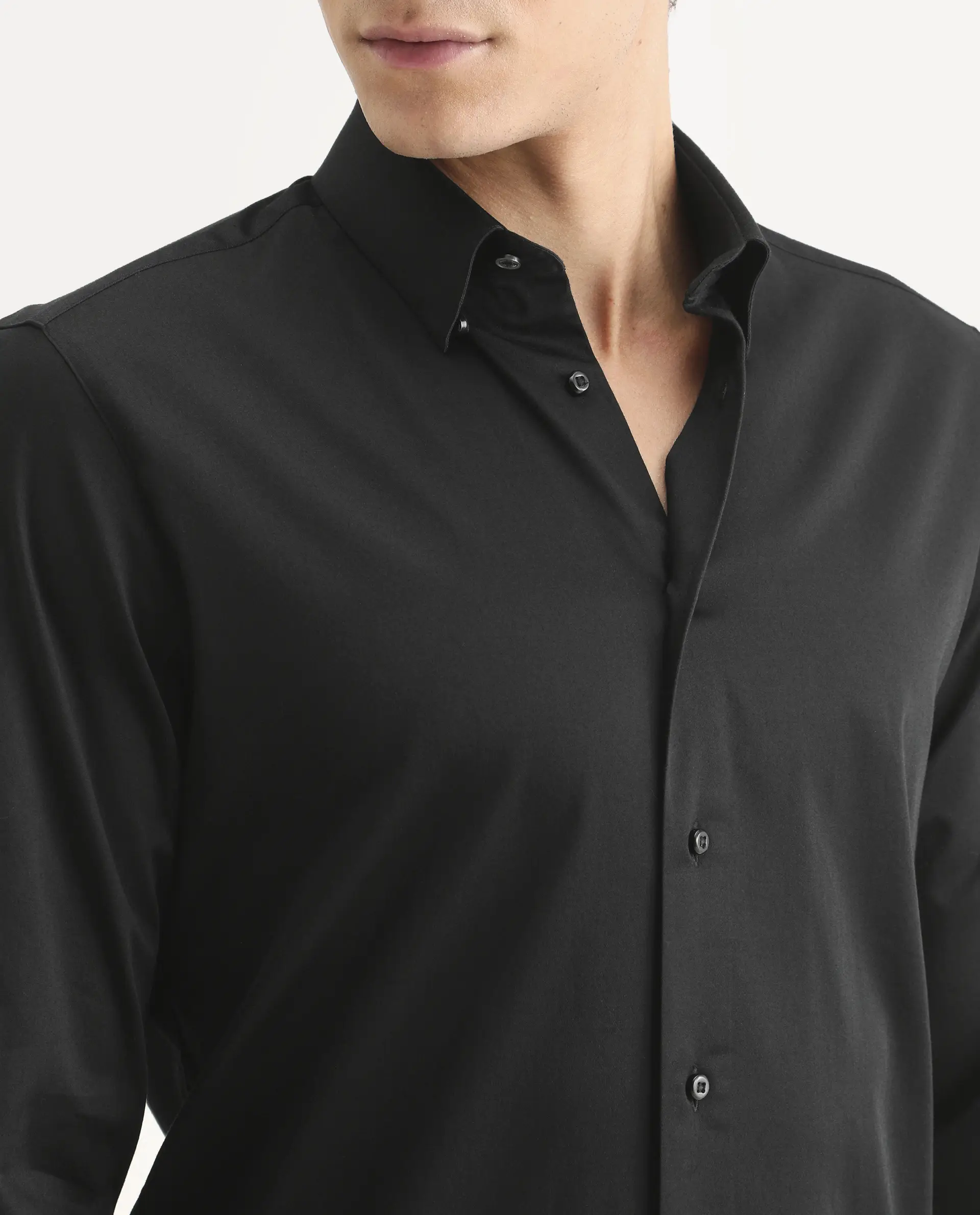 Rare Rabbit Men's Como-27 Black Cotton Blend Fabric Full Sleeve Spread Collar Regular Fit Plain Shirt - Image 3