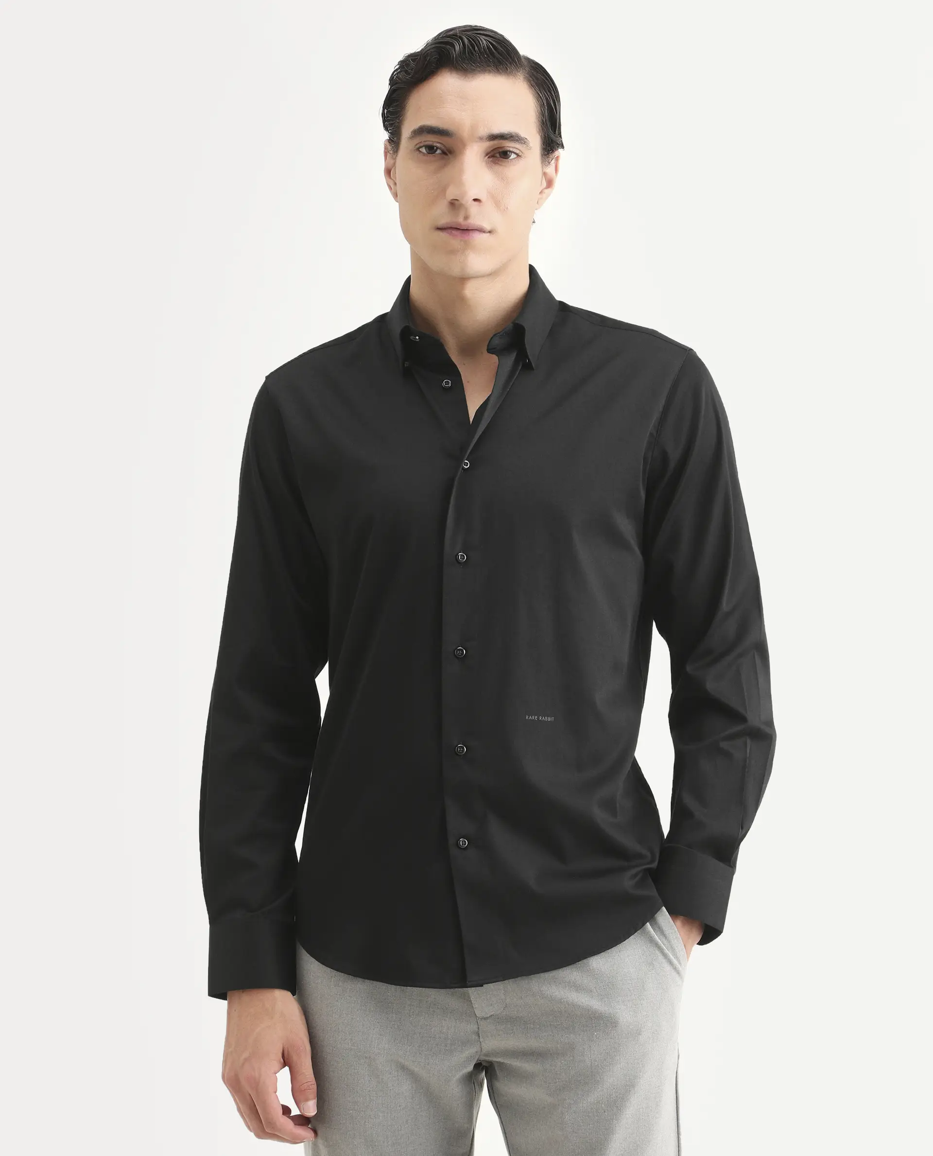Rare Rabbit Men's Como-27 Black Cotton Blend Fabric Full Sleeve Spread Collar Regular Fit Plain Shirt - Image 4