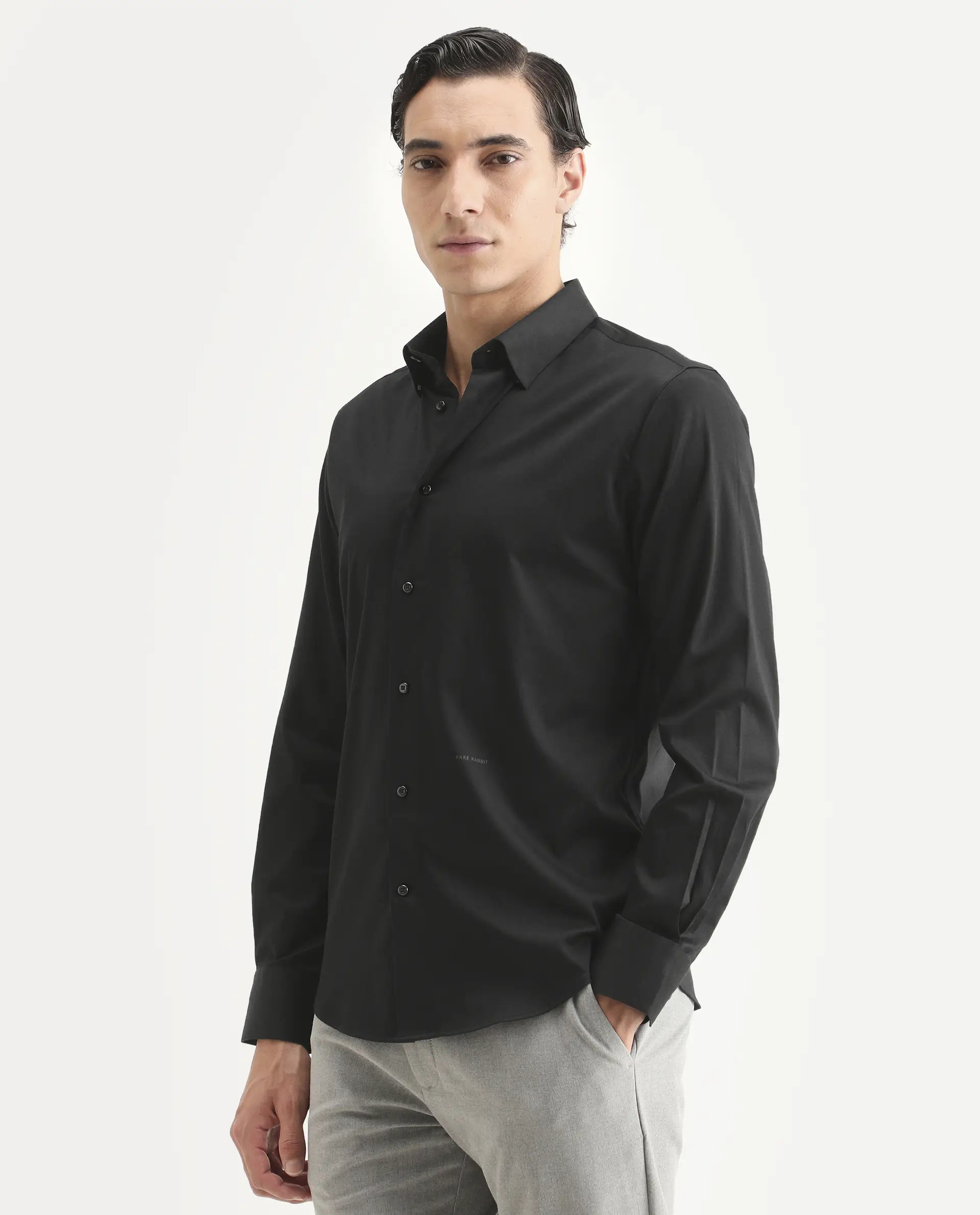 Rare Rabbit Men's Como-27 Black Cotton Blend Fabric Full Sleeve Spread Collar Regular Fit Plain Shirt - Image 5