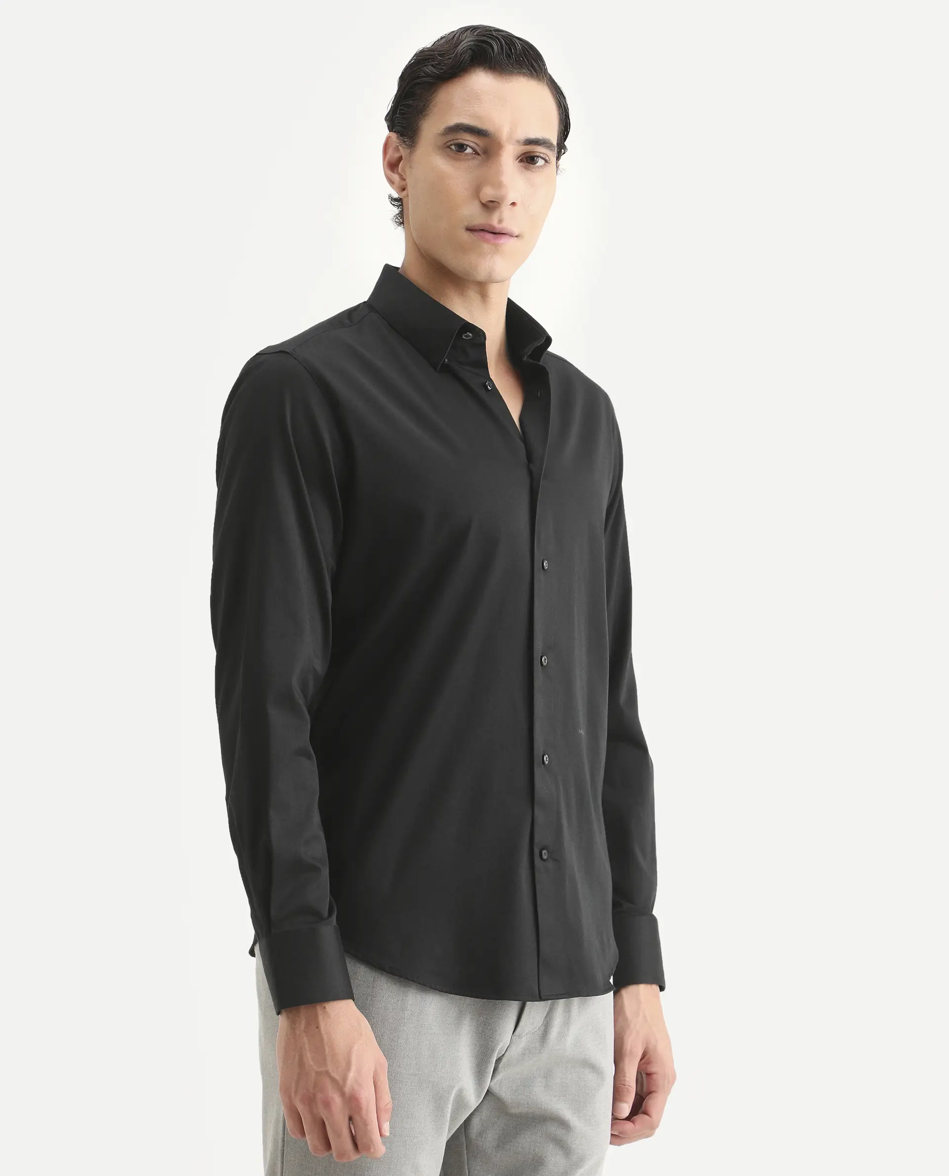 Rare Rabbit Men's Como-27 Black Cotton Blend Fabric Full Sleeve Spread Collar Regular Fit Plain Shirt - Image 6