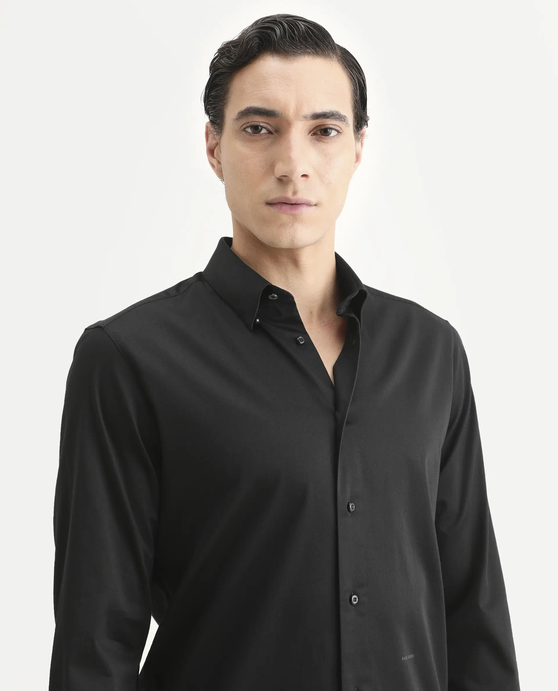Rare Rabbit Men's Como-27 Black Cotton Blend Fabric Full Sleeve Spread Collar Regular Fit Plain Shirt - Image 7