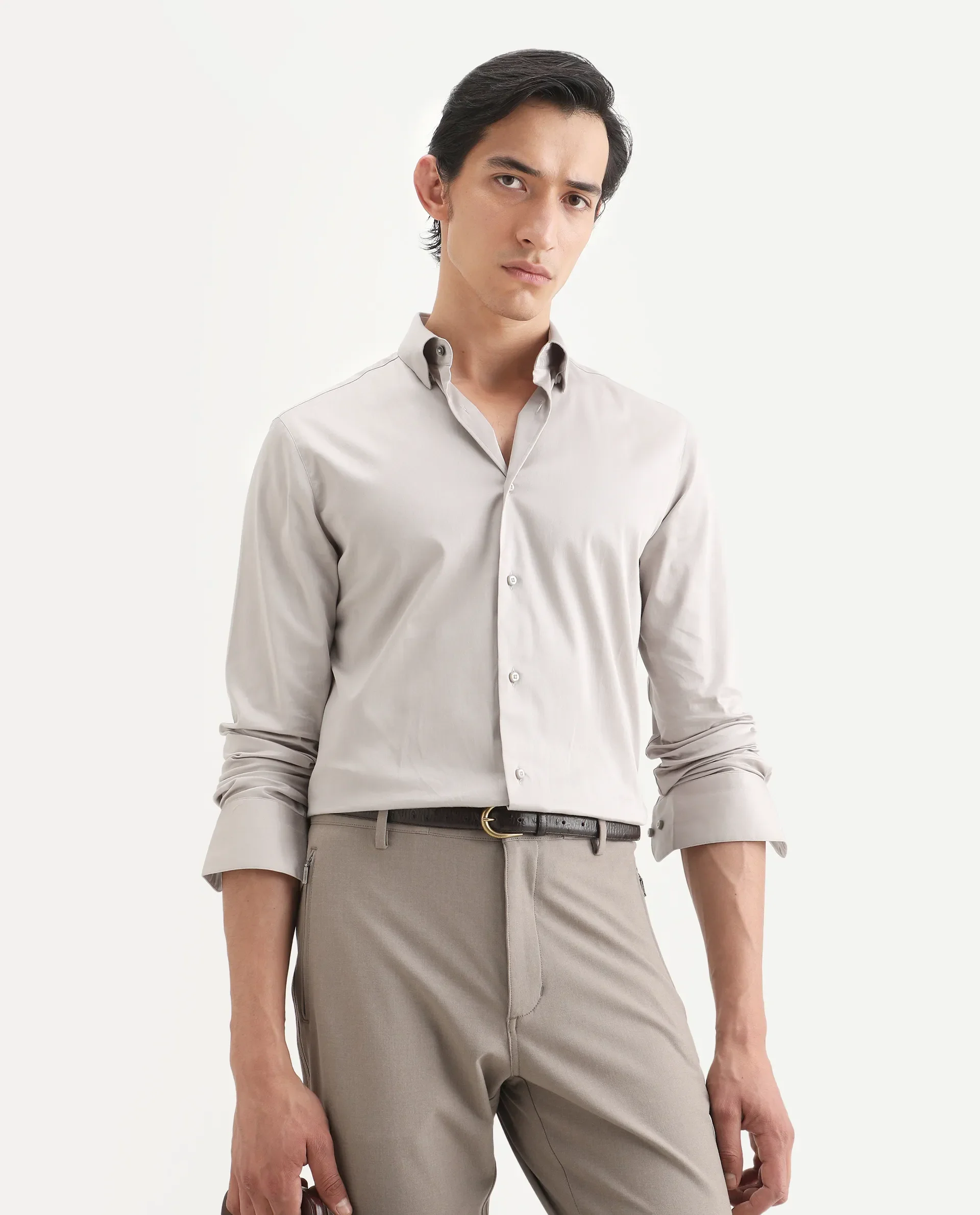 Rare Rabbit Men's Como-27 Dusky Beige Cotton Blend Fabric Full Sleeve Spread Collar Regular Fit Plain Shirt