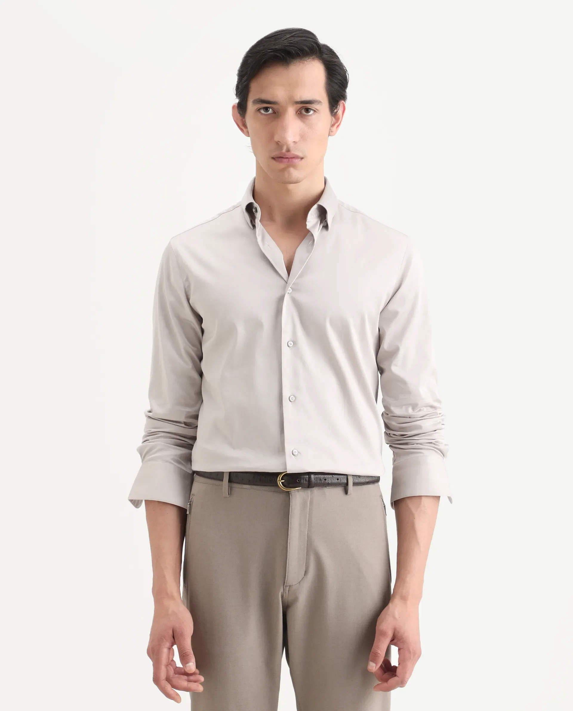 Rare Rabbit Men's Como-27 Dusky Beige Cotton Blend Fabric Full Sleeve Spread Collar Regular Fit Plain Shirt - Image 3
