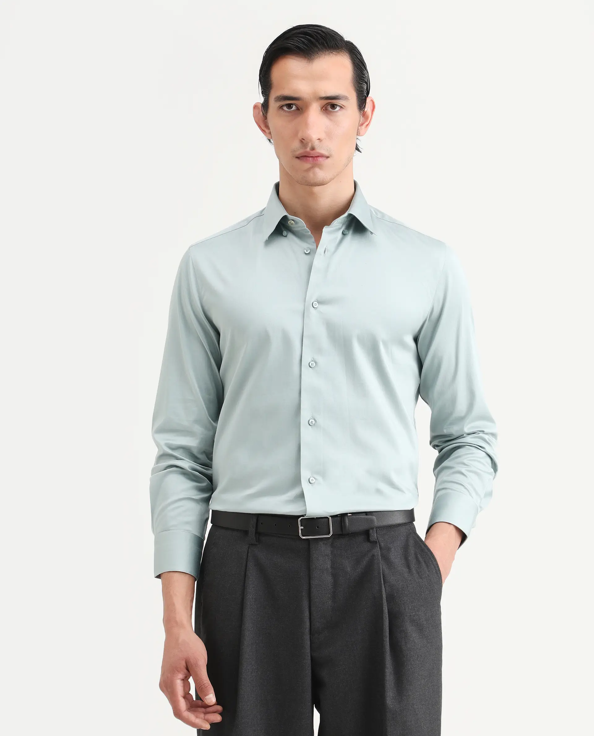 Rare Rabbit Men's Como-27 Dusky Blue Cotton Blend Fabric Full Sleeve Spread Collar Regular Fit Plain Shirt - Image 4