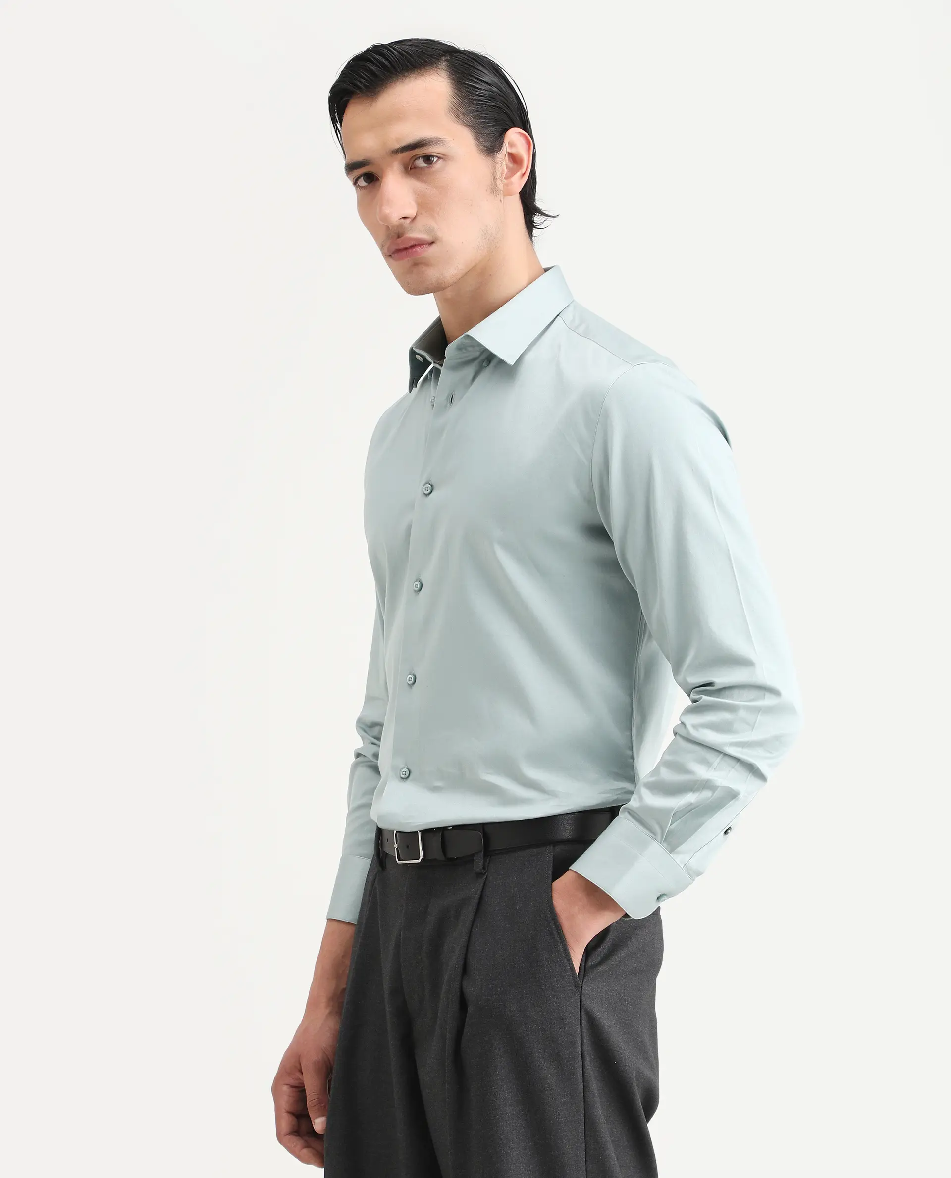 Rare Rabbit Men's Como-27 Dusky Blue Cotton Blend Fabric Full Sleeve Spread Collar Regular Fit Plain Shirt - Image 5