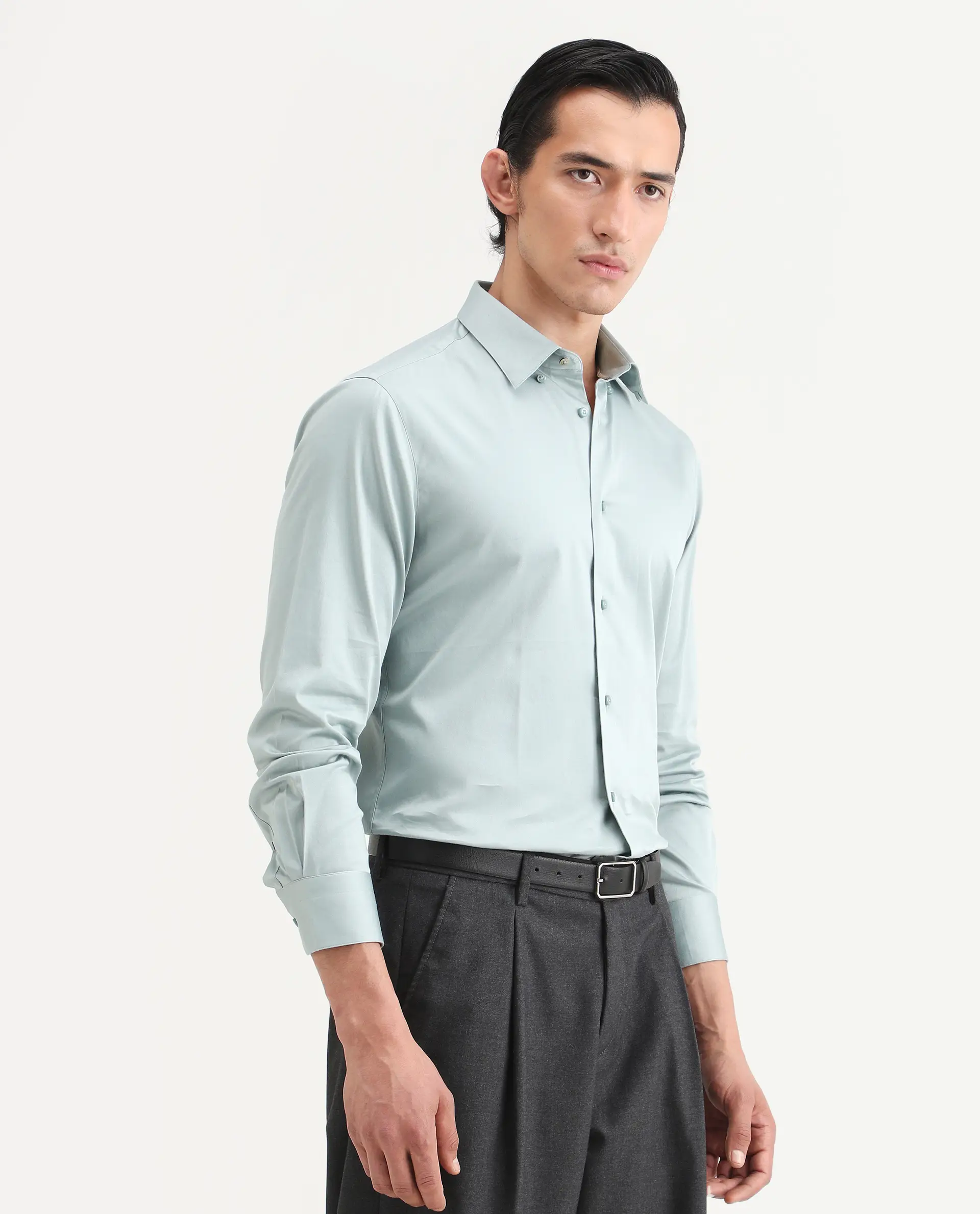 Rare Rabbit Men's Como-27 Dusky Blue Cotton Blend Fabric Full Sleeve Spread Collar Regular Fit Plain Shirt - Image 6
