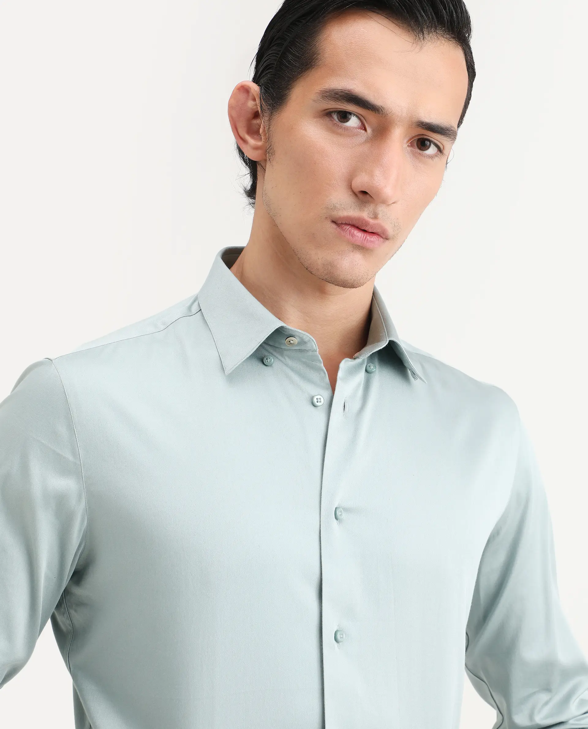Rare Rabbit Men's Como-27 Dusky Blue Cotton Blend Fabric Full Sleeve Spread Collar Regular Fit Plain Shirt - Image 7