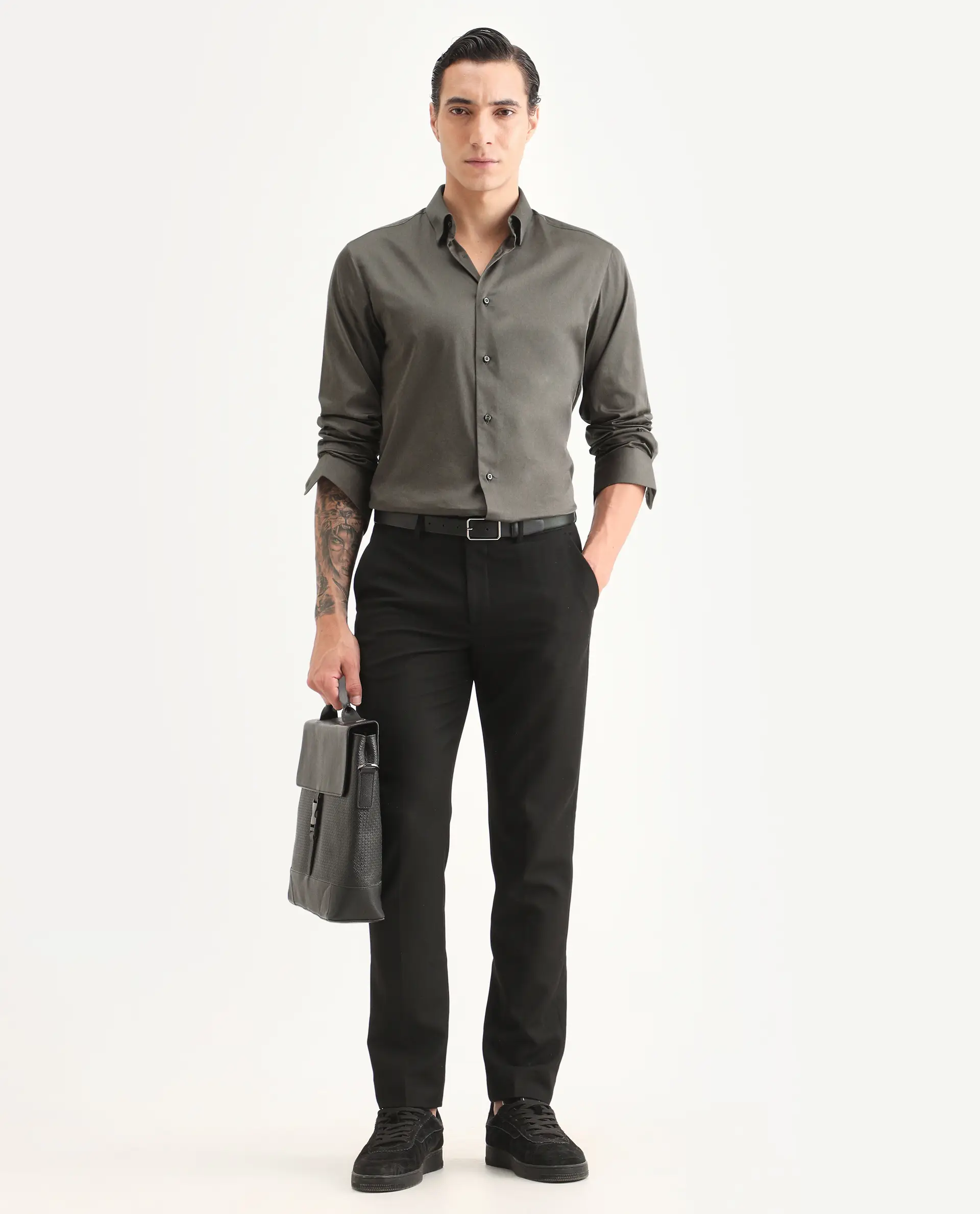 Rare Rabbit Men's Como-27 Dusky Olive Cotton Blend Fabric Full Sleeve Spread Collar Regular Fit Plain Shirt - Image 2