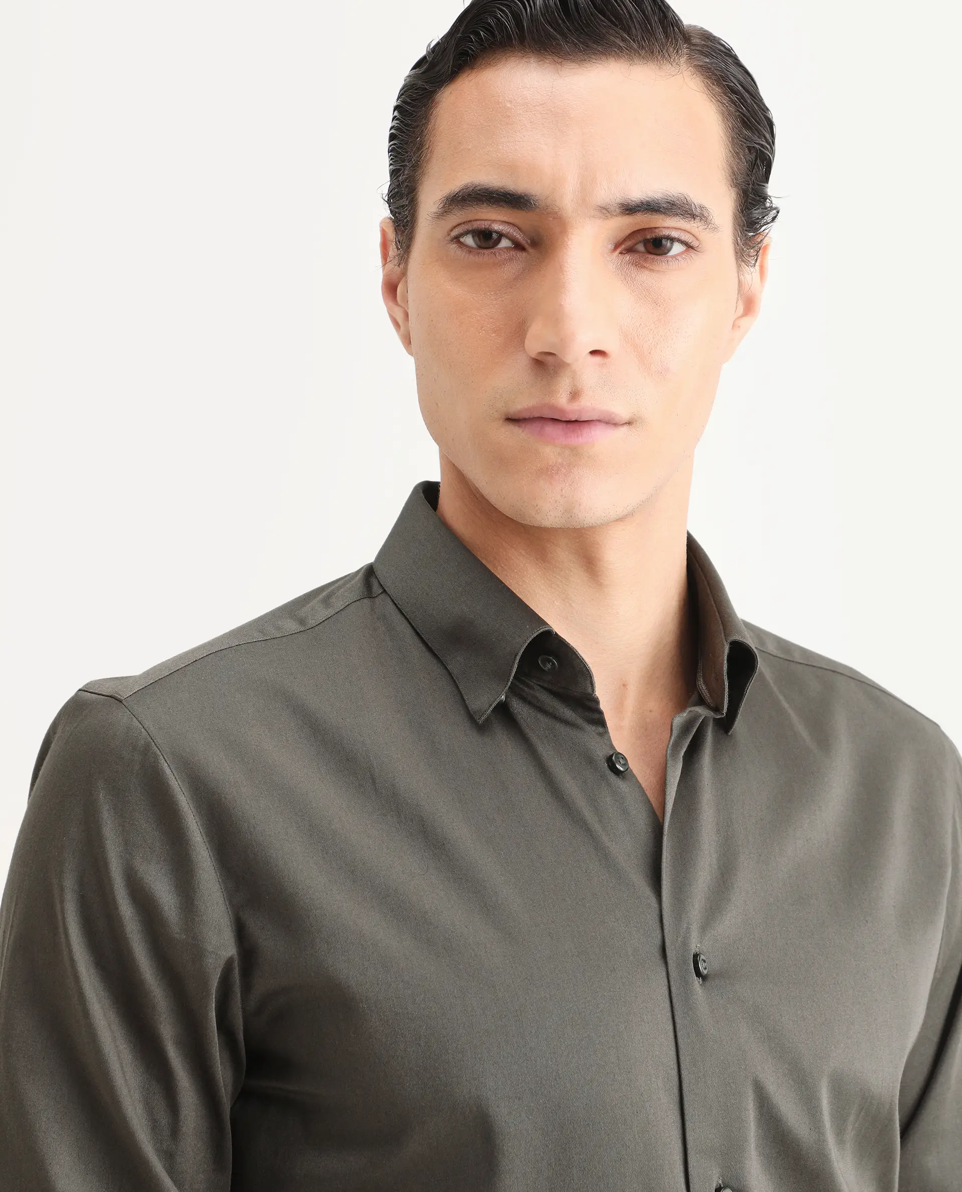 Rare Rabbit Men's Como-27 Dusky Olive Cotton Blend Fabric Full Sleeve Spread Collar Regular Fit Plain Shirt - Image 3