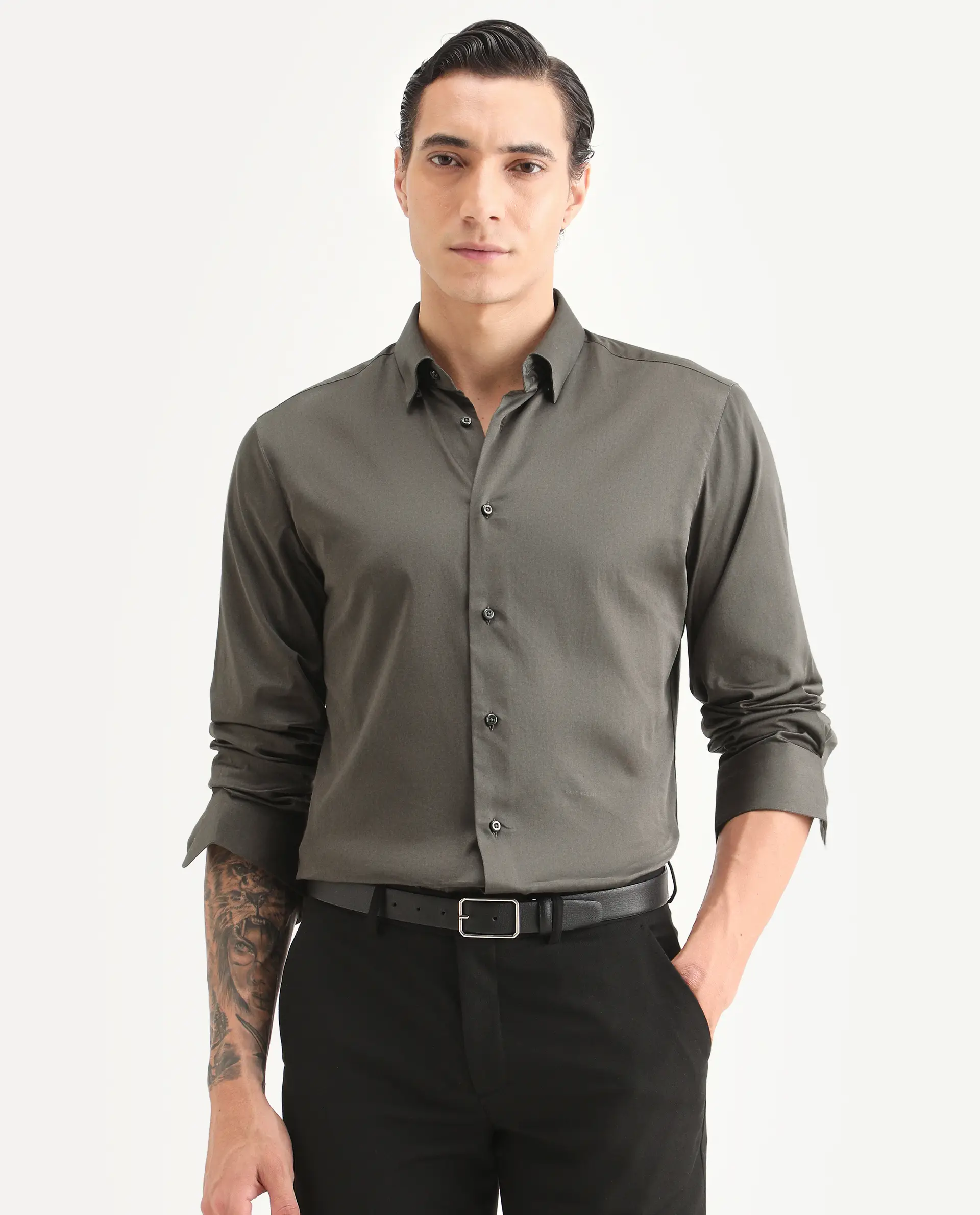 Rare Rabbit Men's Como-27 Dusky Olive Cotton Blend Fabric Full Sleeve Spread Collar Regular Fit Plain Shirt - Image 4