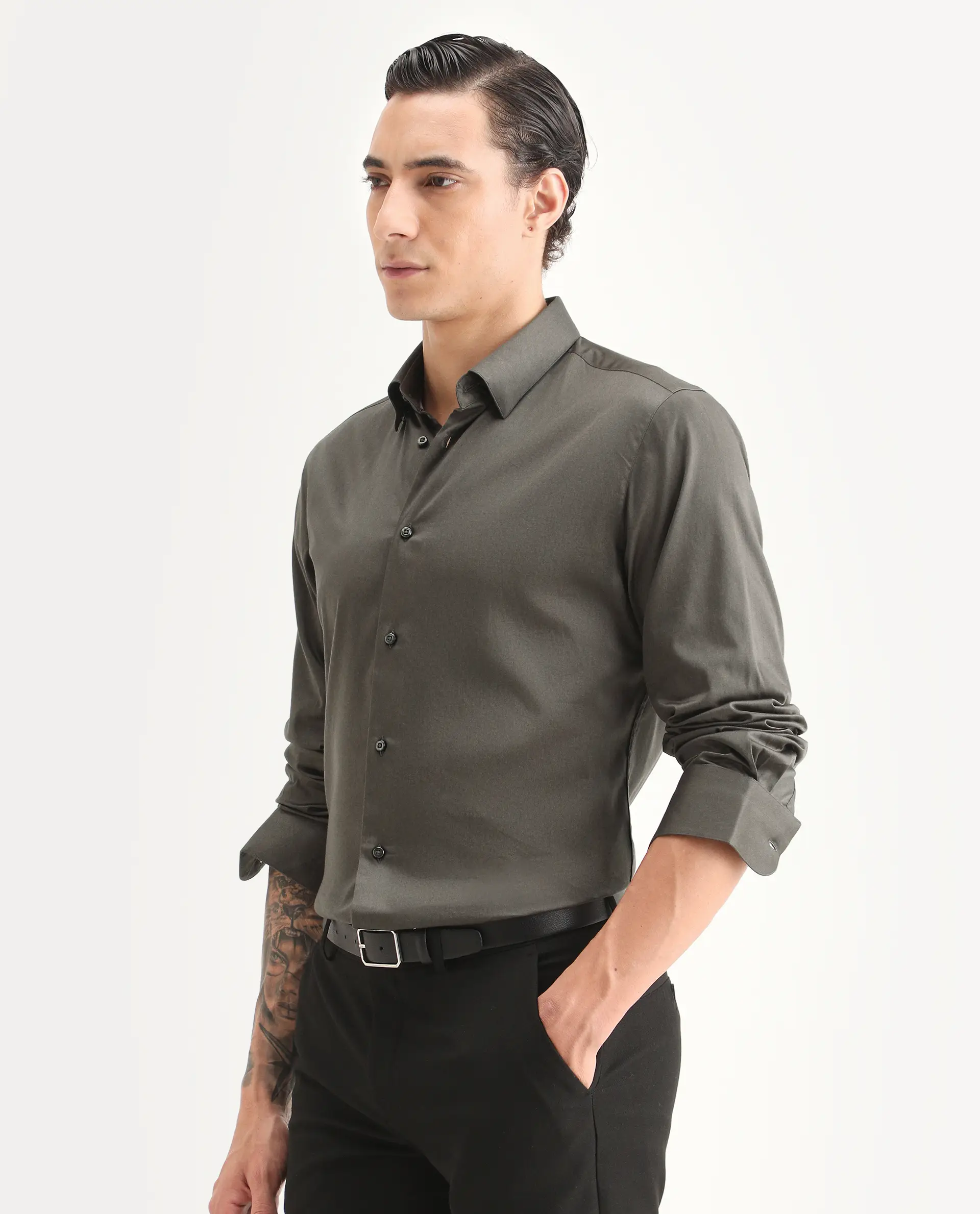 Rare Rabbit Men's Como-27 Dusky Olive Cotton Blend Fabric Full Sleeve Spread Collar Regular Fit Plain Shirt - Image 5