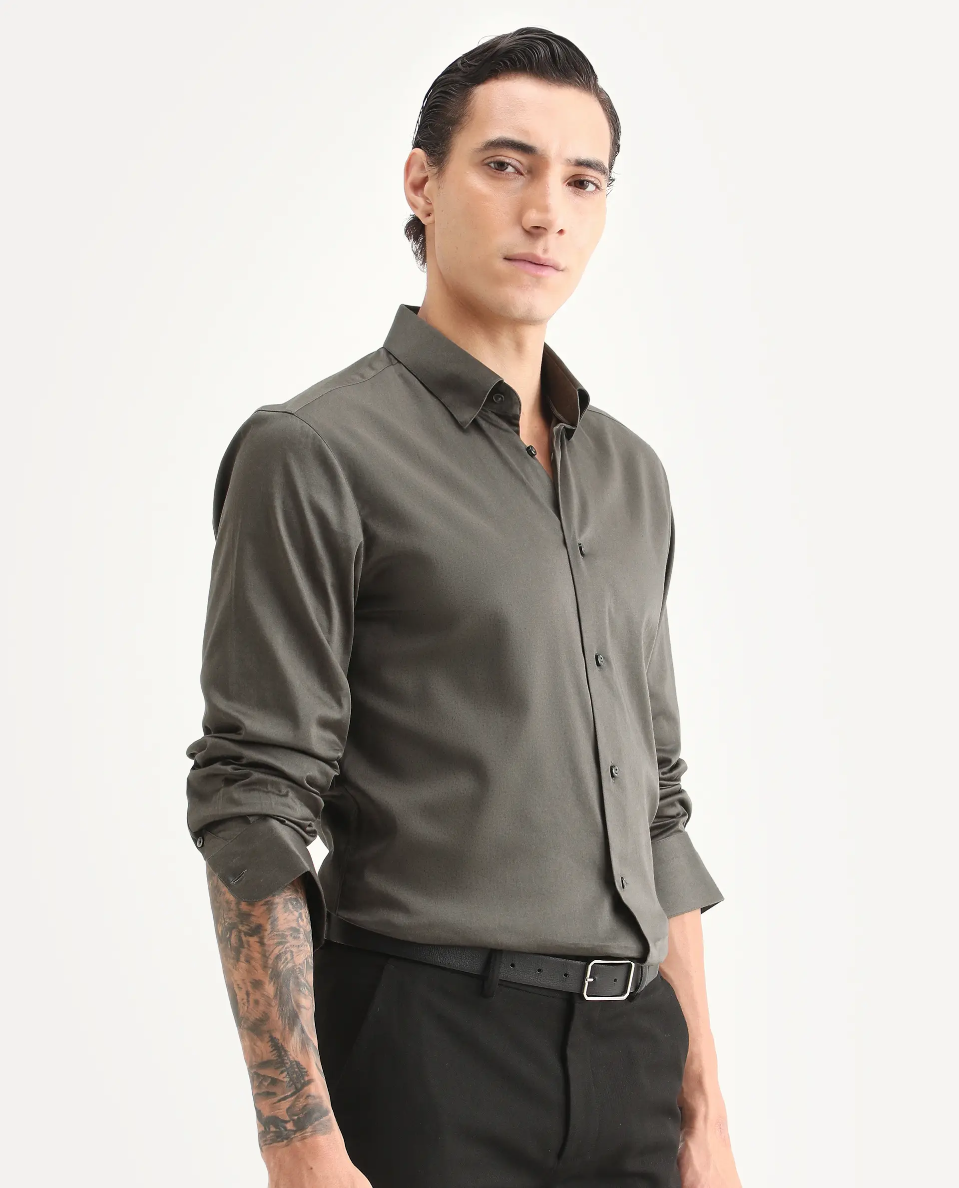 Rare Rabbit Men's Como-27 Dusky Olive Cotton Blend Fabric Full Sleeve Spread Collar Regular Fit Plain Shirt - Image 6