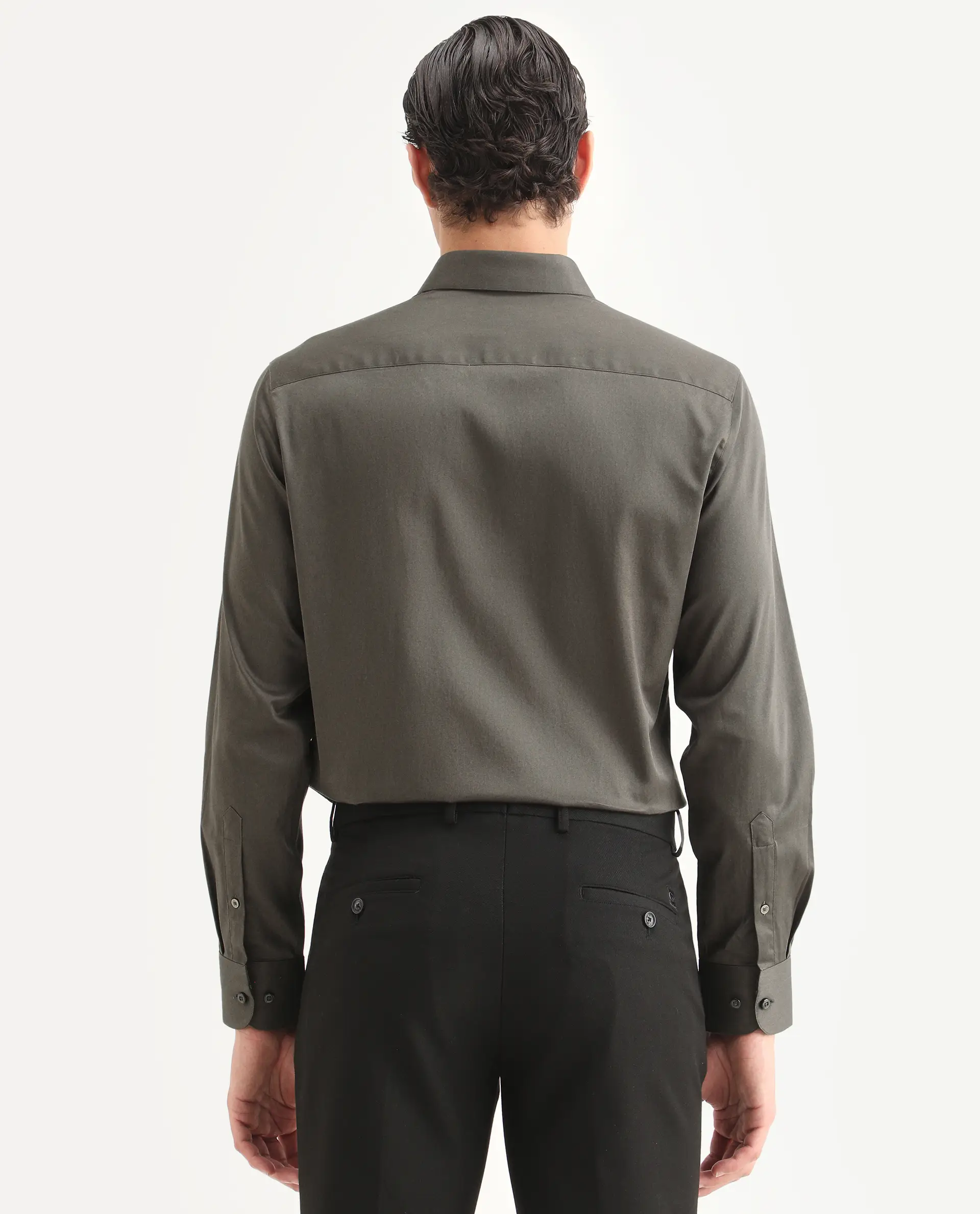 Rare Rabbit Men's Como-27 Dusky Olive Cotton Blend Fabric Full Sleeve Spread Collar Regular Fit Plain Shirt - Image 7