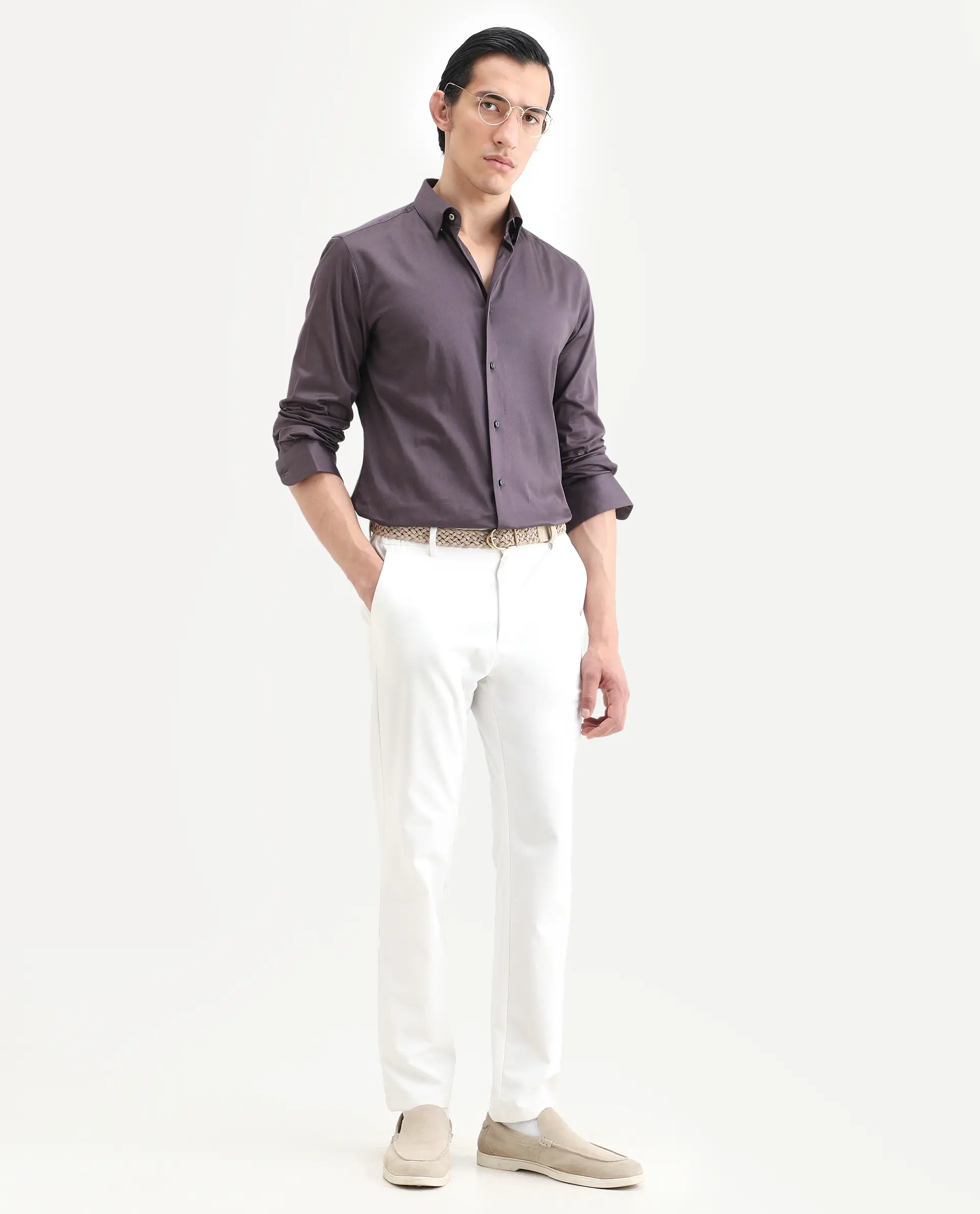 Rare Rabbit Men's Como-27 Purple Cotton Blend Fabric Full Sleeve Spread Collar Regular Fit Plain Shirt - Image 2