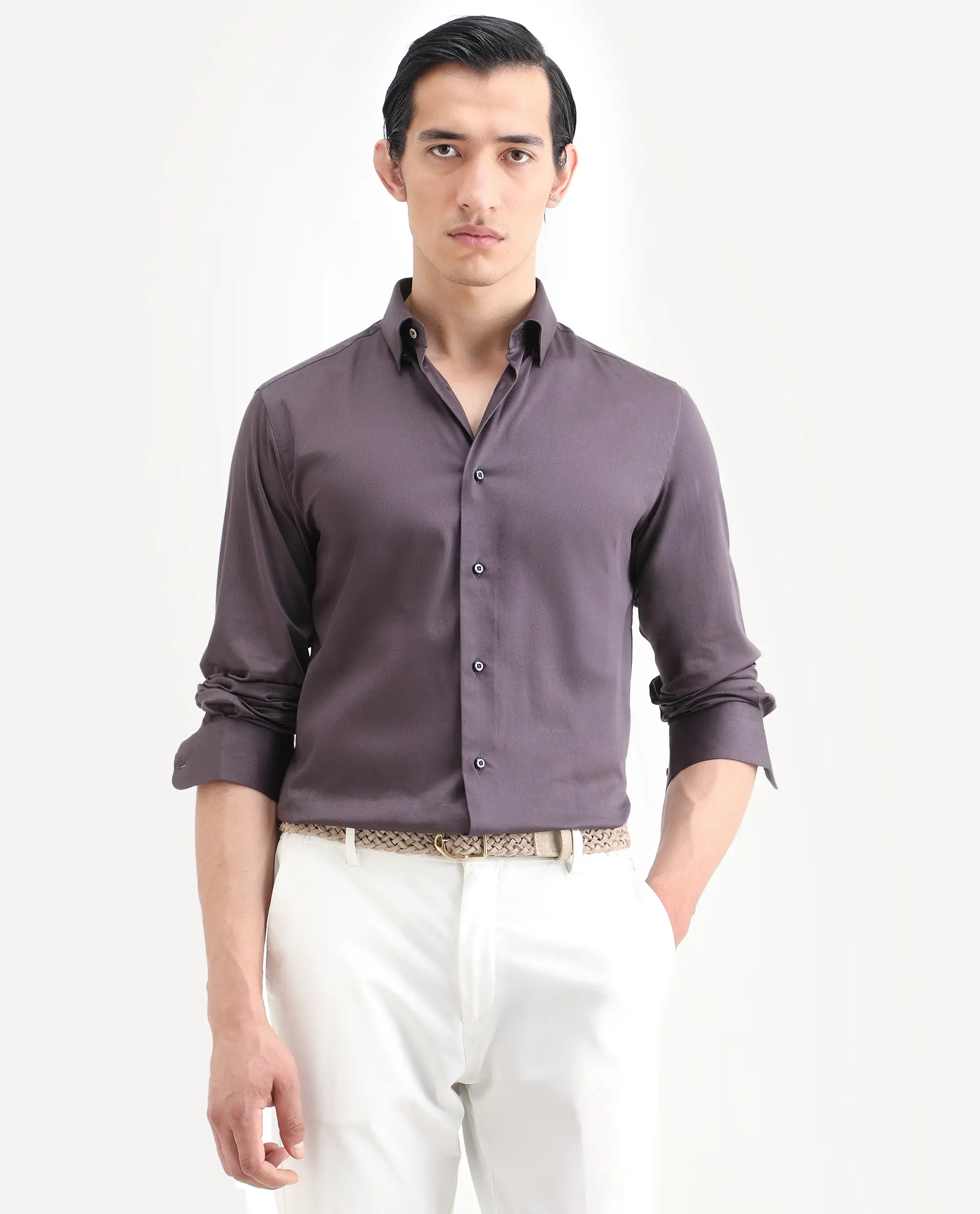 Rare Rabbit Men's Como-27 Purple Cotton Blend Fabric Full Sleeve Spread Collar Regular Fit Plain Shirt - Image 4