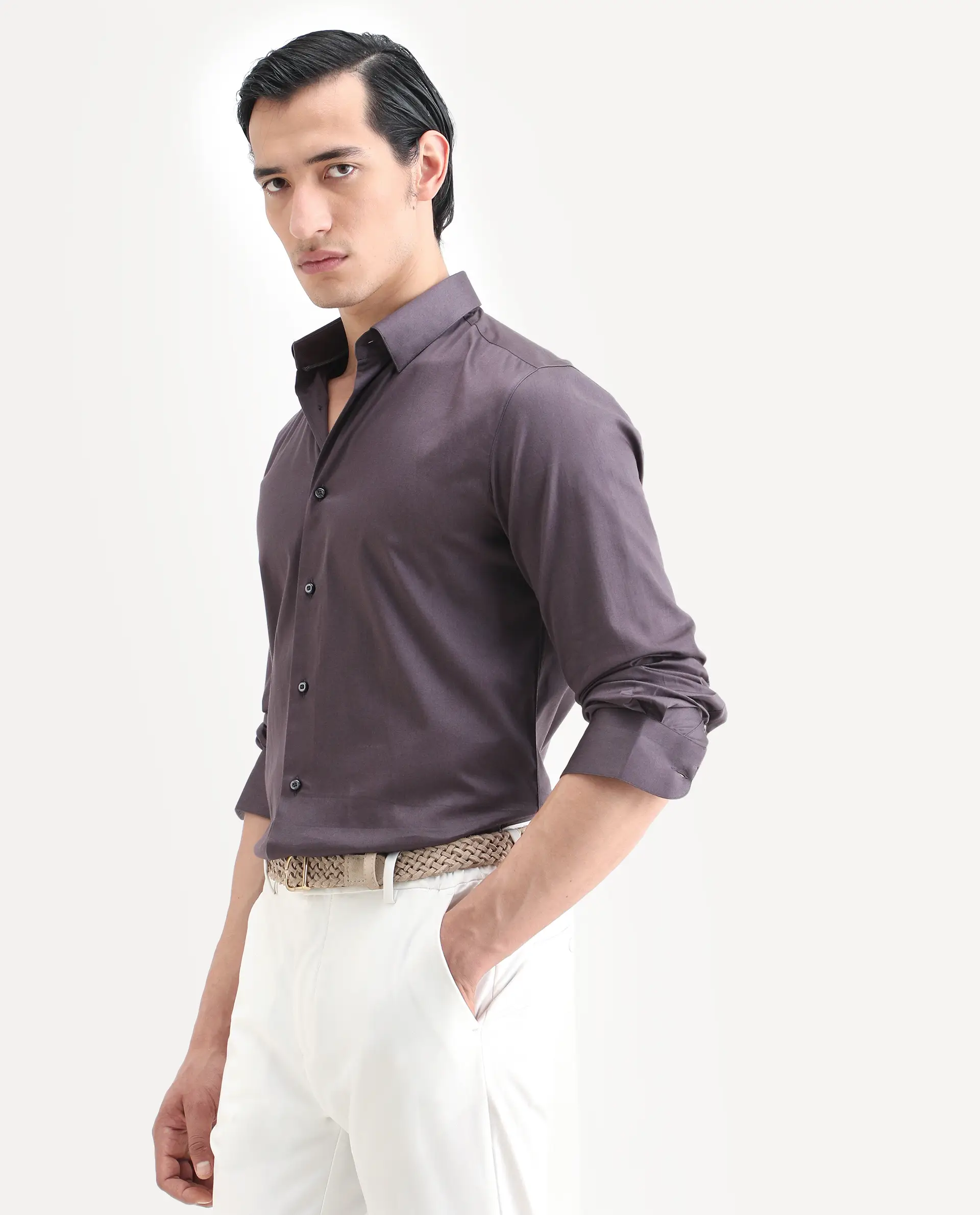 Rare Rabbit Men's Como-27 Purple Cotton Blend Fabric Full Sleeve Spread Collar Regular Fit Plain Shirt - Image 5