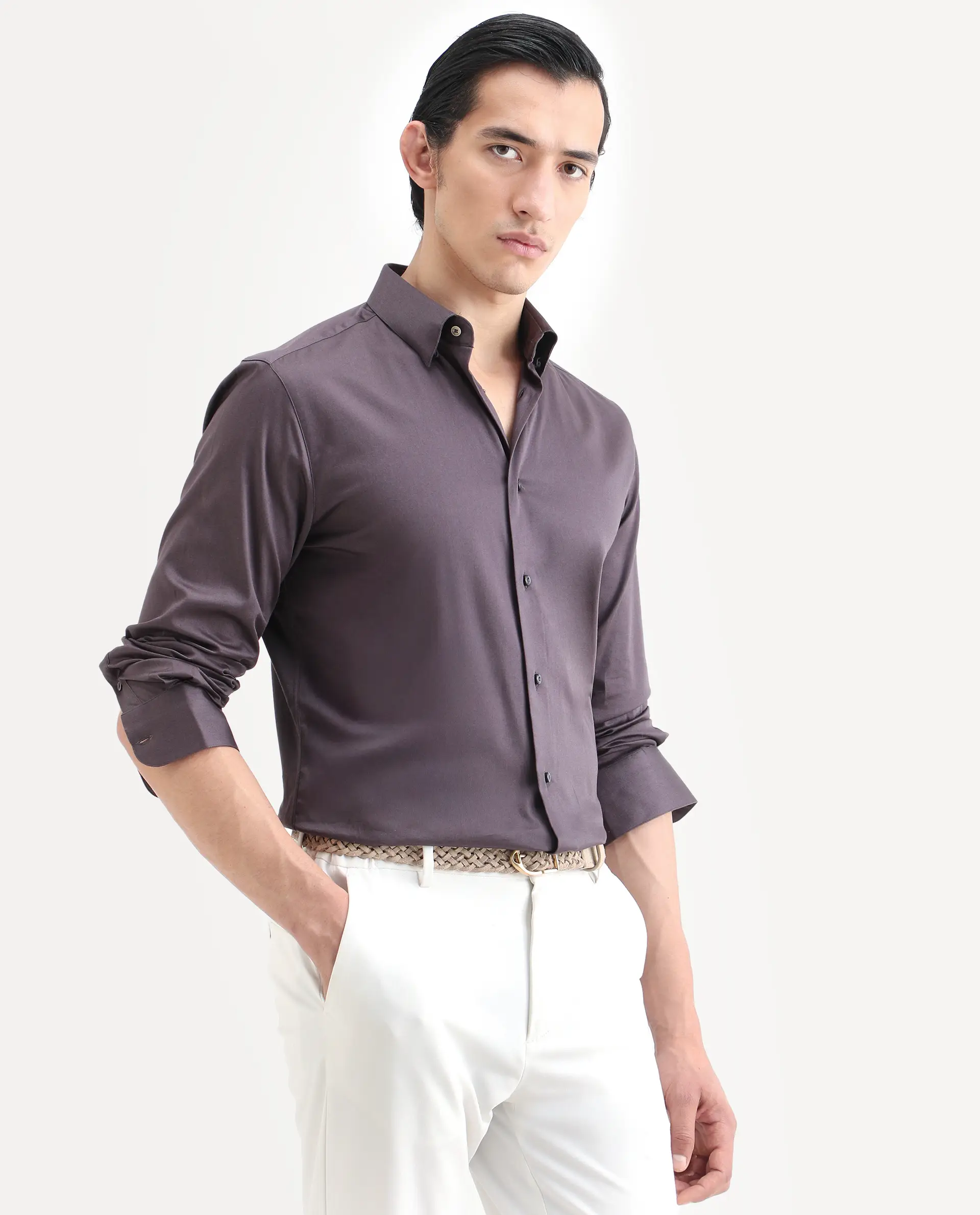 Rare Rabbit Men's Como-27 Purple Cotton Blend Fabric Full Sleeve Spread Collar Regular Fit Plain Shirt - Image 6