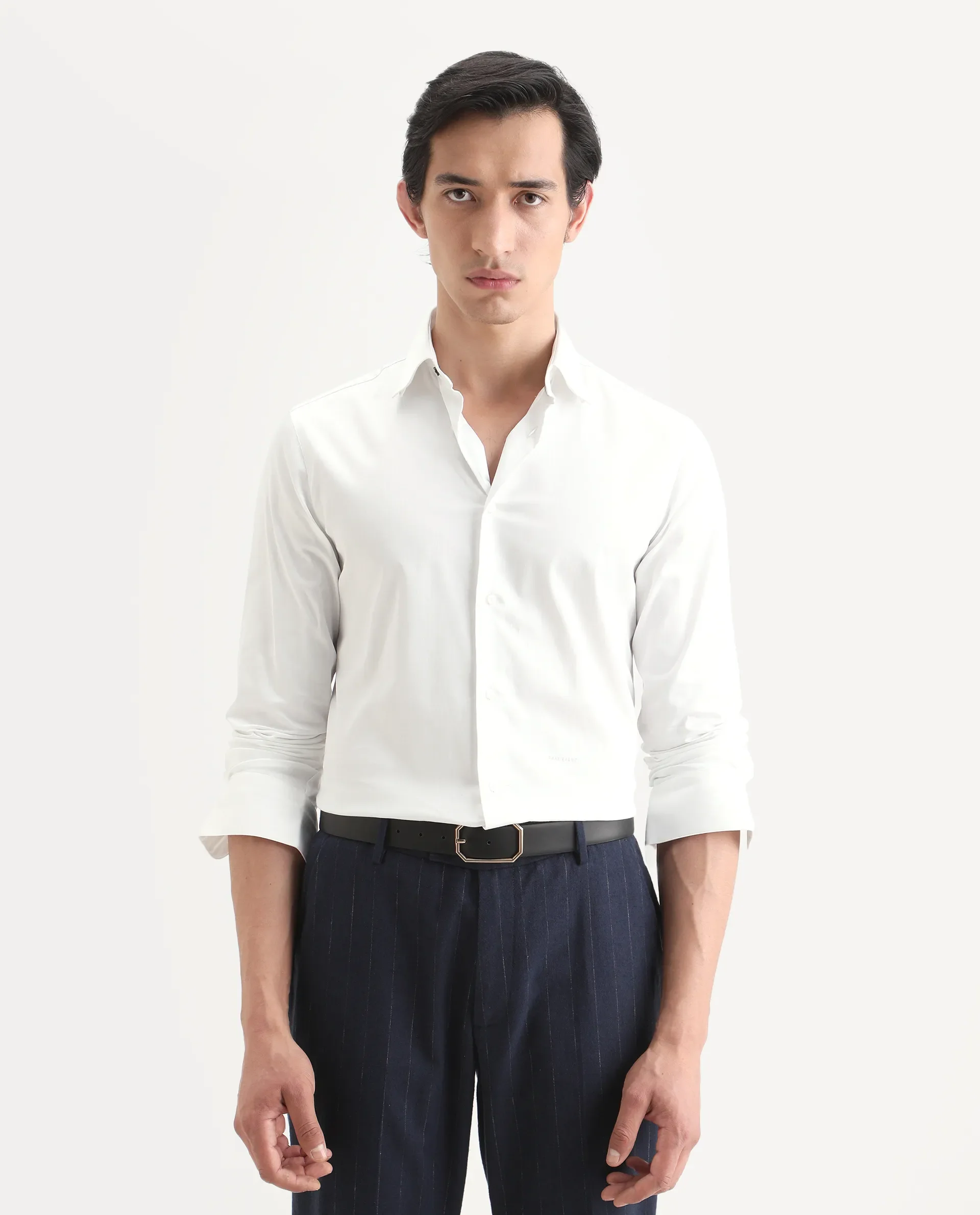 Rare Rabbit Men's Como-27 White Cotton Blend Fabric Full Sleeve Spread Collar Regular Fit Plain Shirt - Image 3