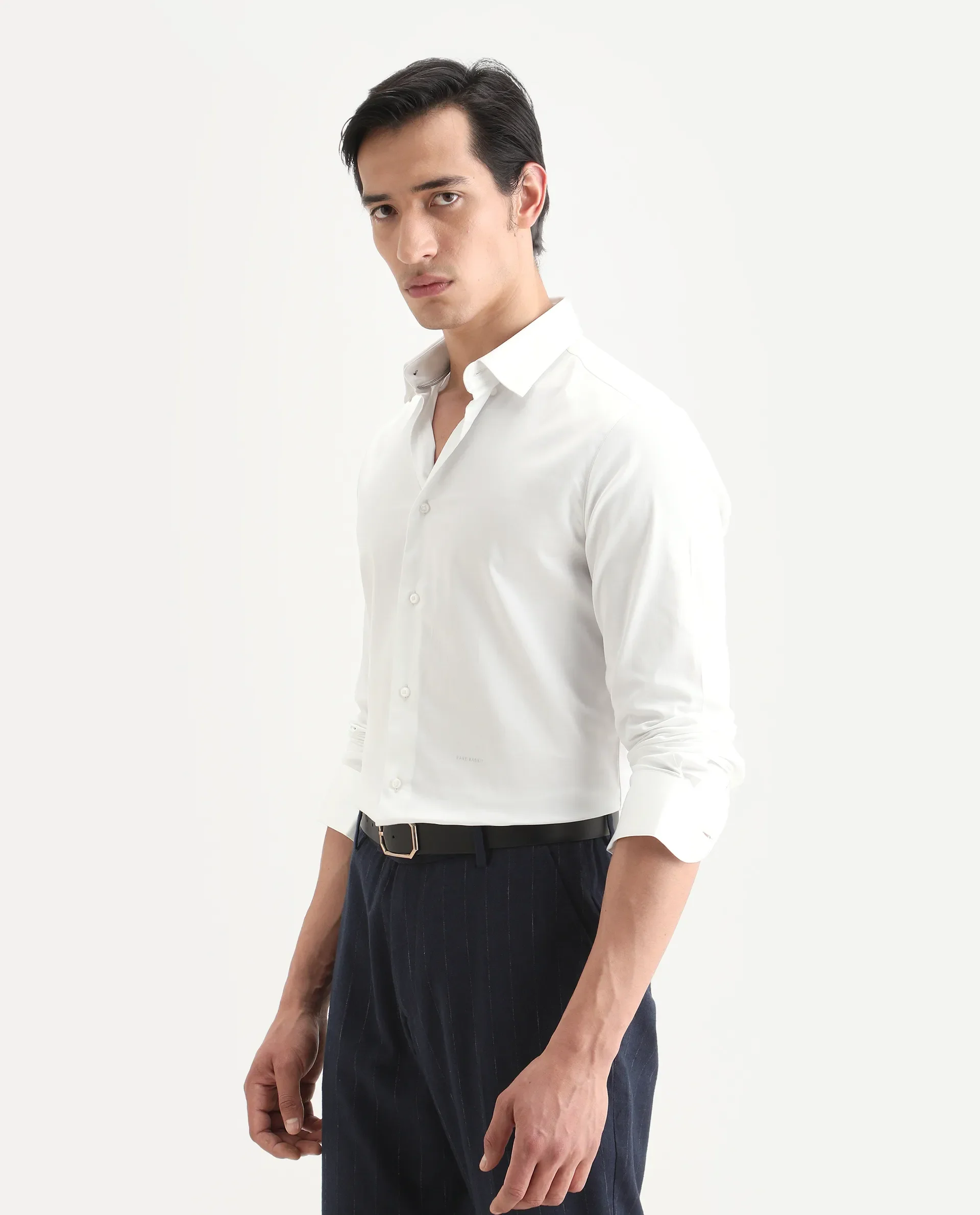 Rare Rabbit Men's Como-27 White Cotton Blend Fabric Full Sleeve Spread Collar Regular Fit Plain Shirt - Image 5