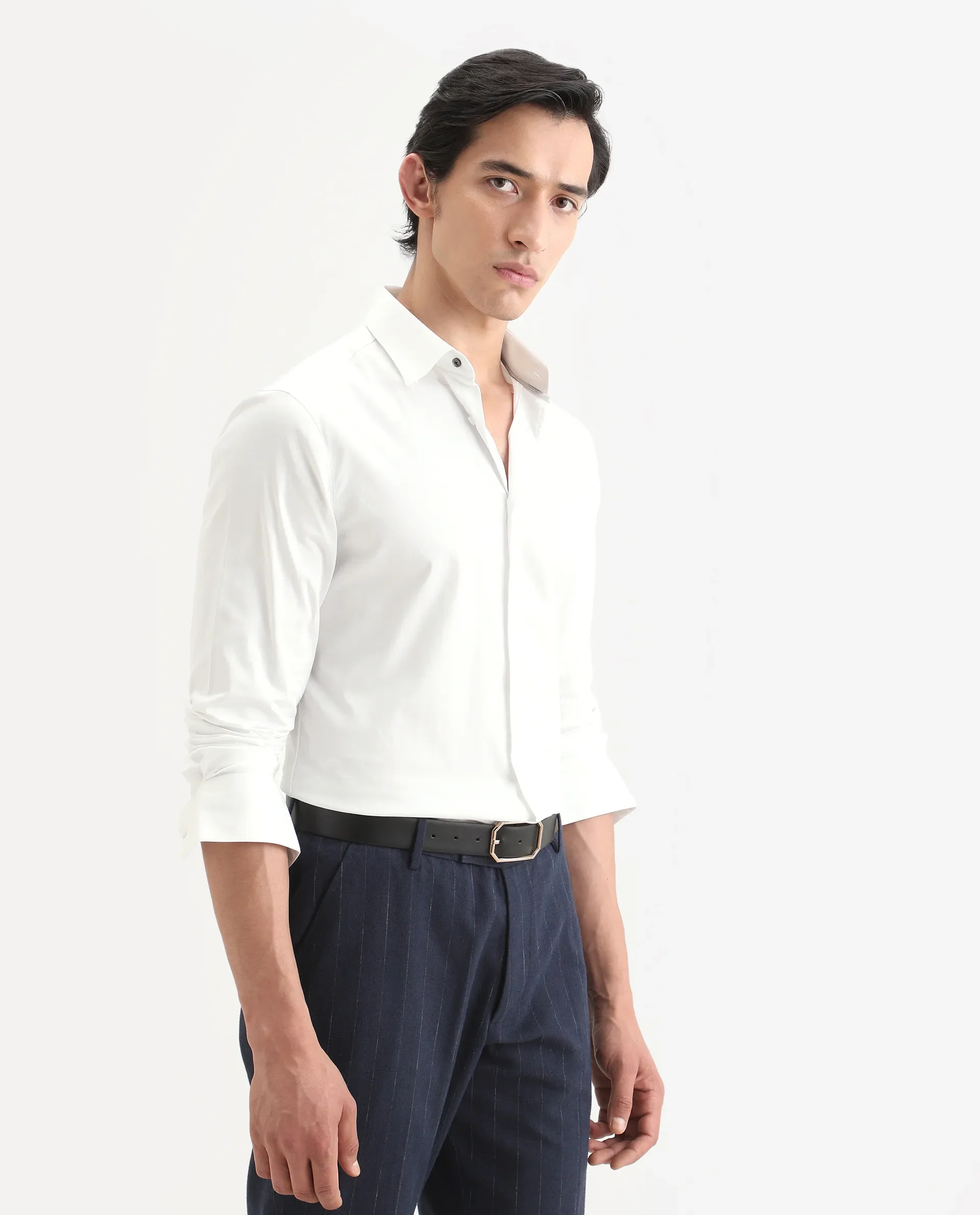 Rare Rabbit Men's Como-27 White Cotton Blend Fabric Full Sleeve Spread Collar Regular Fit Plain Shirt - Image 6