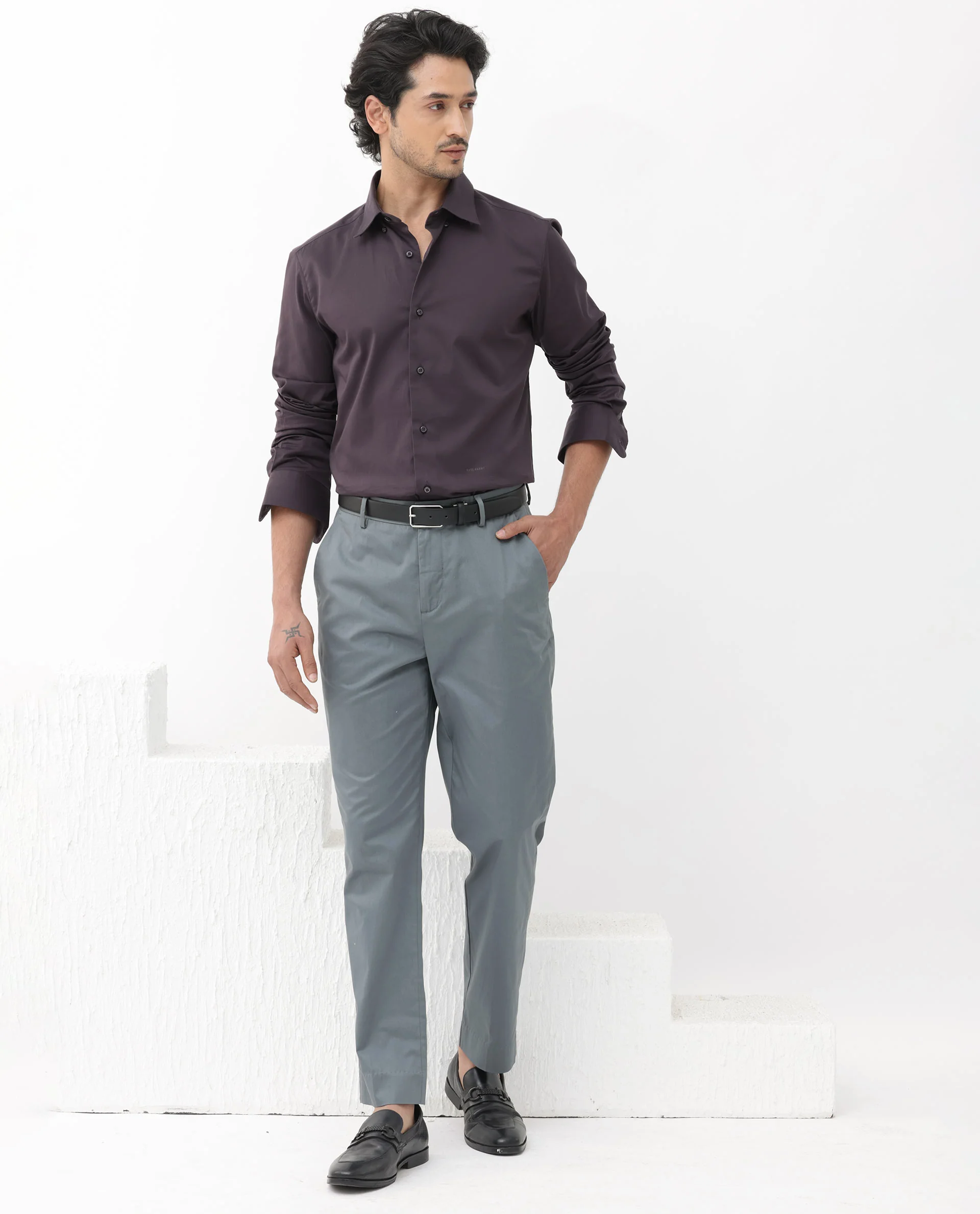 Rare Rabbit Men's Como-4 Dark Purple Cotton Plain Regular Fit Full Sleeve Collared Shirt - Image 2