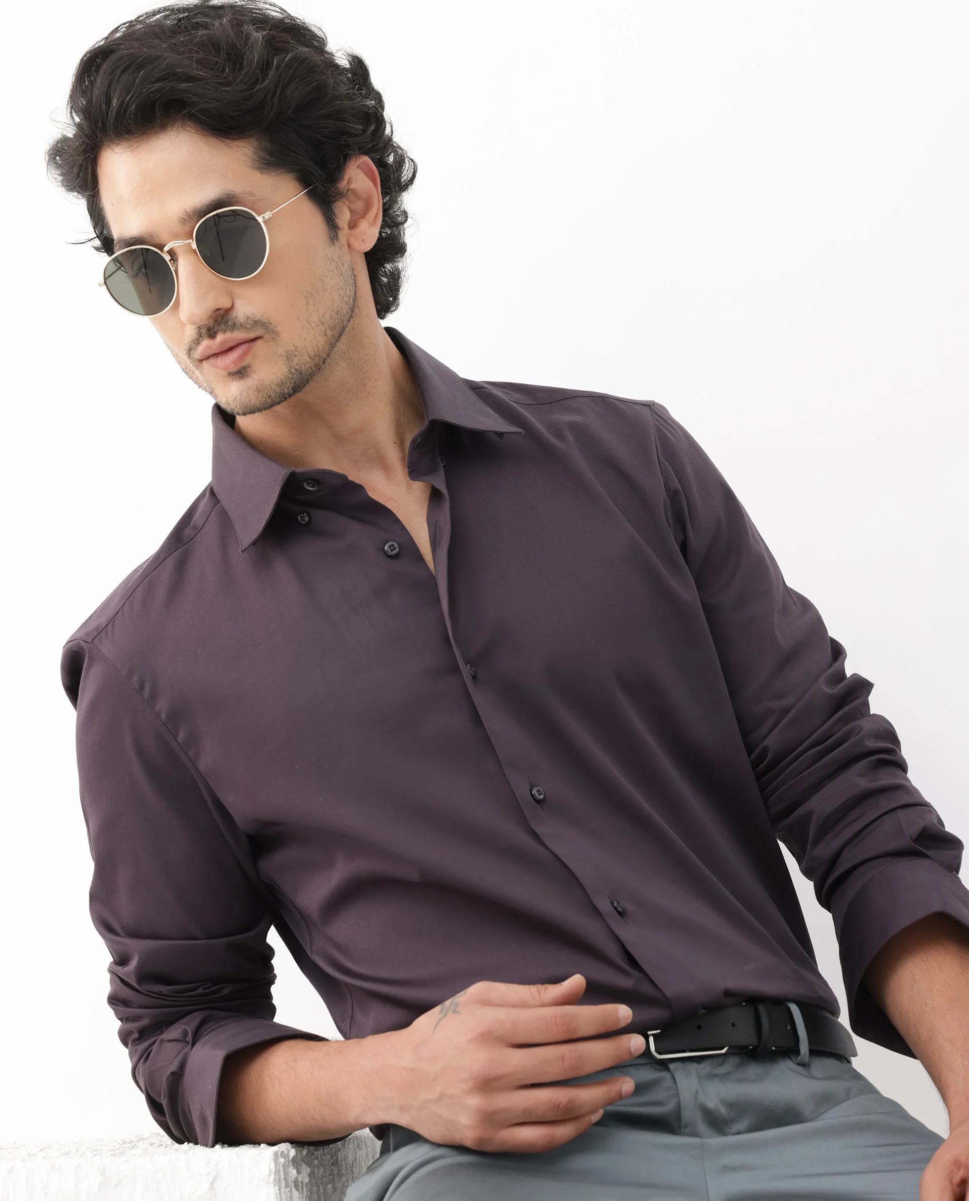 Rare Rabbit Men's Como-4 Dark Purple Cotton Plain Regular Fit Full Sleeve Collared Shirt - Image 3