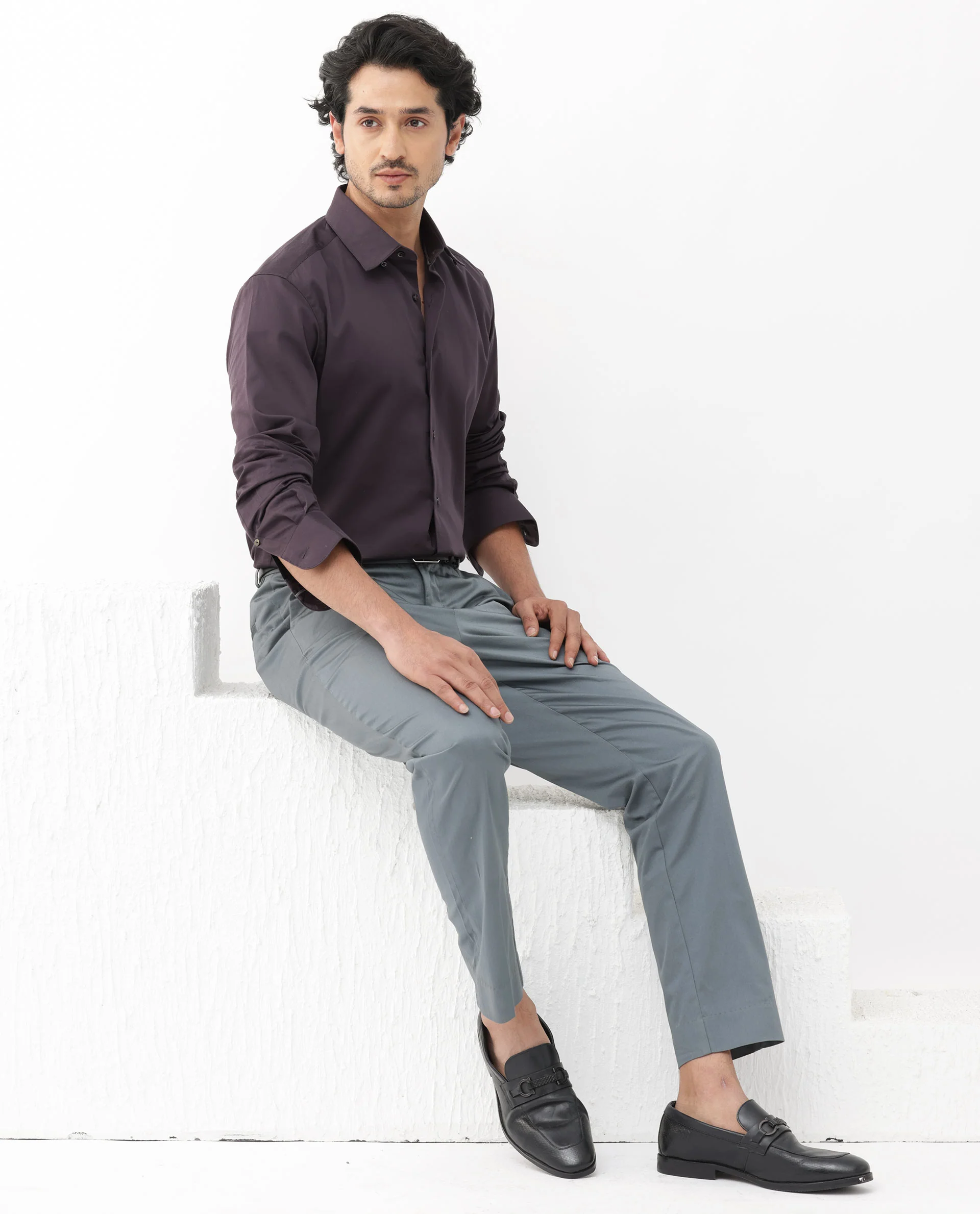 Rare Rabbit Men's Como-4 Dark Purple Cotton Plain Regular Fit Full Sleeve Collared Shirt - Image 6