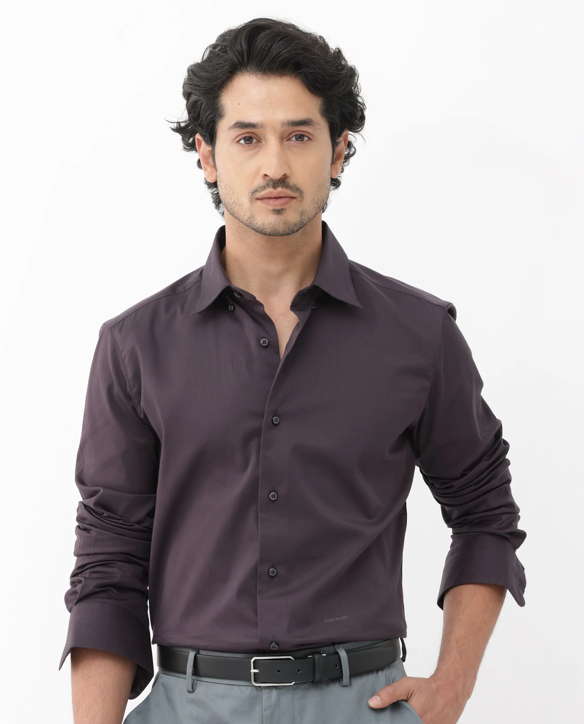 Rare Rabbit Men's Como-4 Dark Purple Cotton Plain Regular Fit Full Sleeve Collared Shirt - Image 7