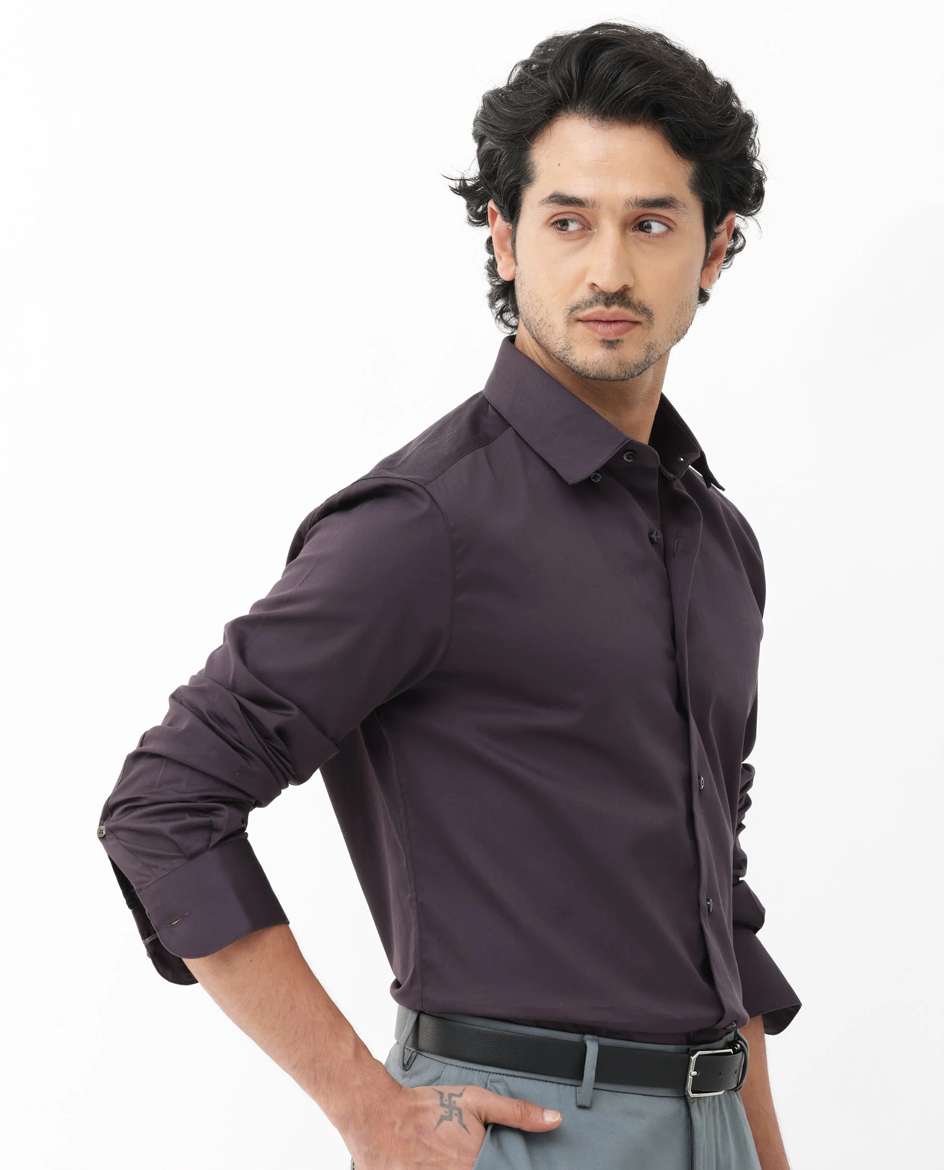 Rare Rabbit Men's Como-4 Dark Purple Cotton Plain Regular Fit Full Sleeve Collared Shirt - Image 8
