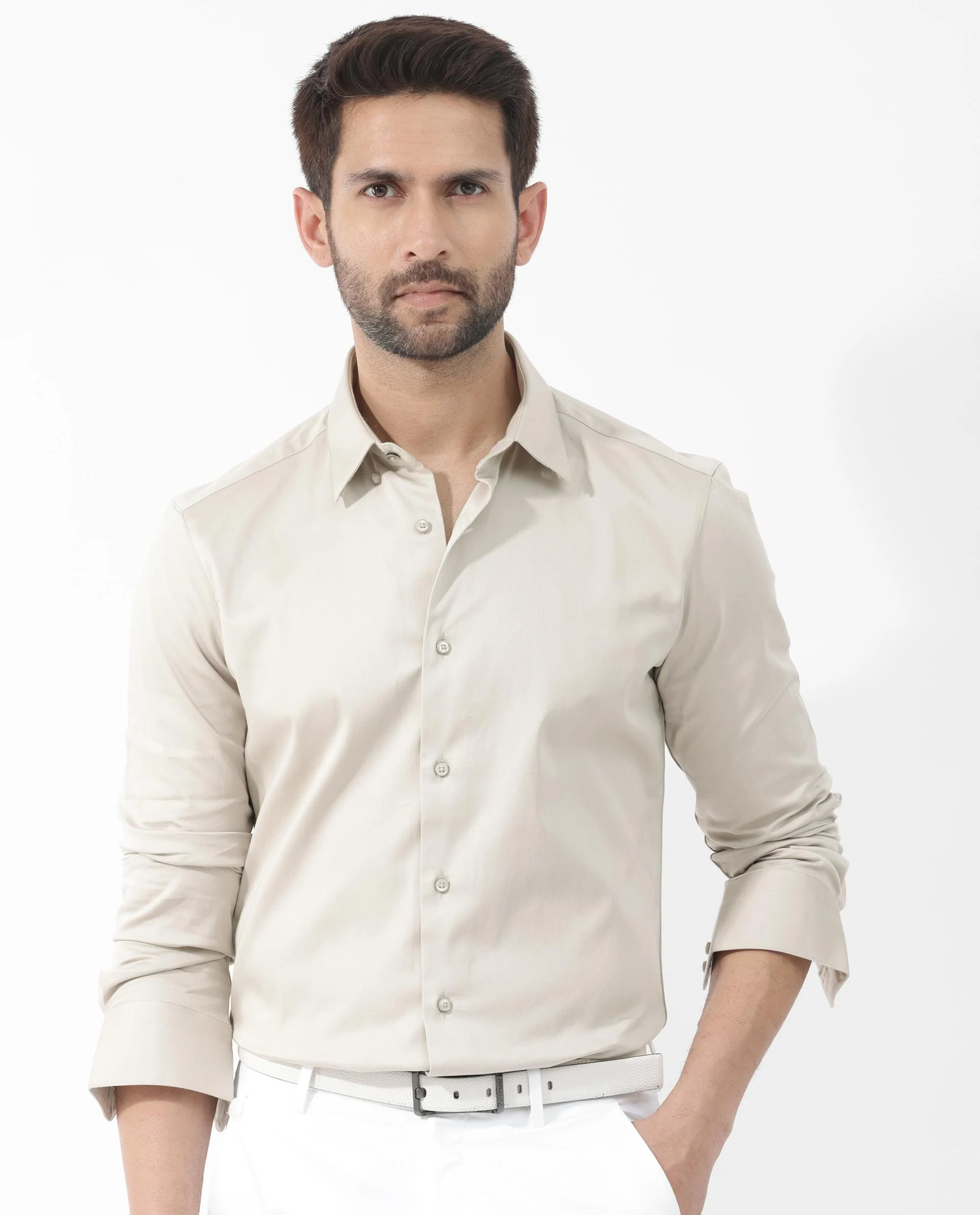 Rare Rabbit Men's Como 4 Dusky Beige Cotton Plain Regular Fit Full Sleeve Collared Shirt - Image 6