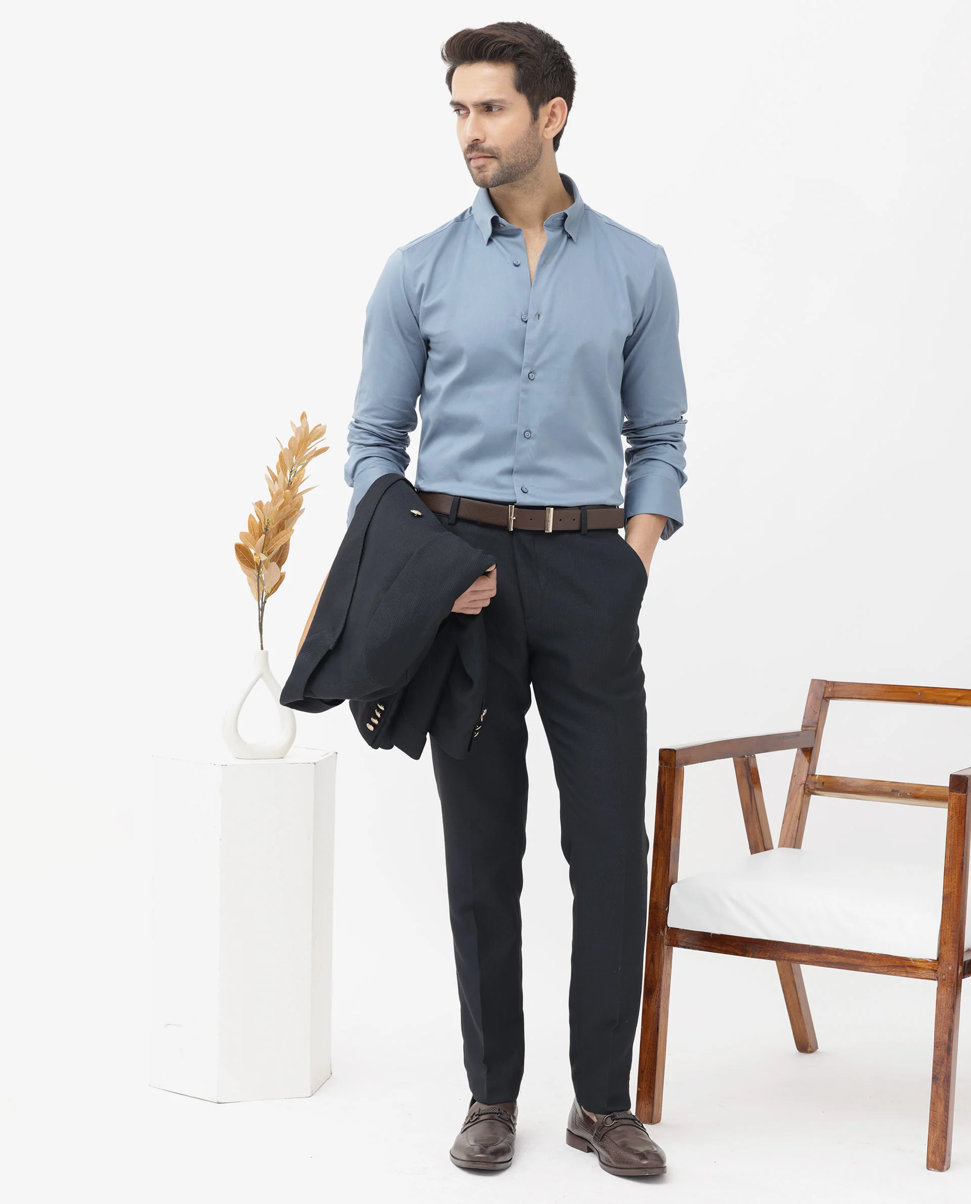 Rare Rabbit Men's Como4 Dusky Blue Cotton Plain Regular Fit Full Sleeve Collared Shirt - Image 2