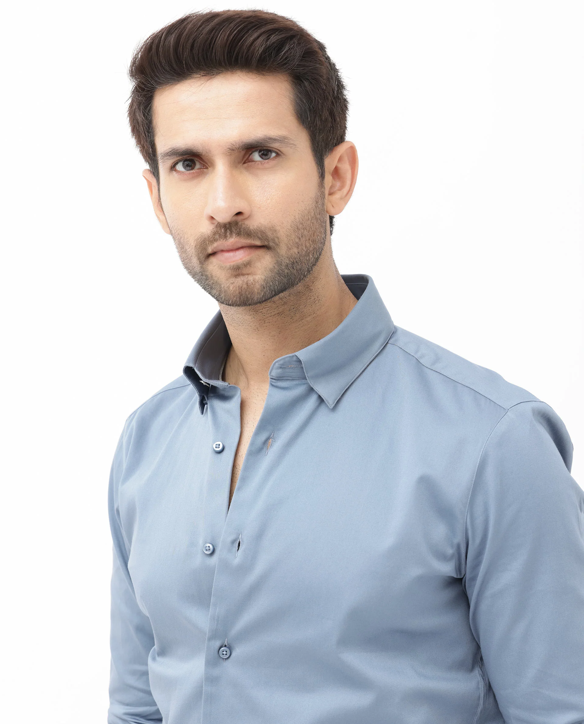 Rare Rabbit Men's Como4 Dusky Blue Cotton Plain Regular Fit Full Sleeve Collared Shirt - Image 3