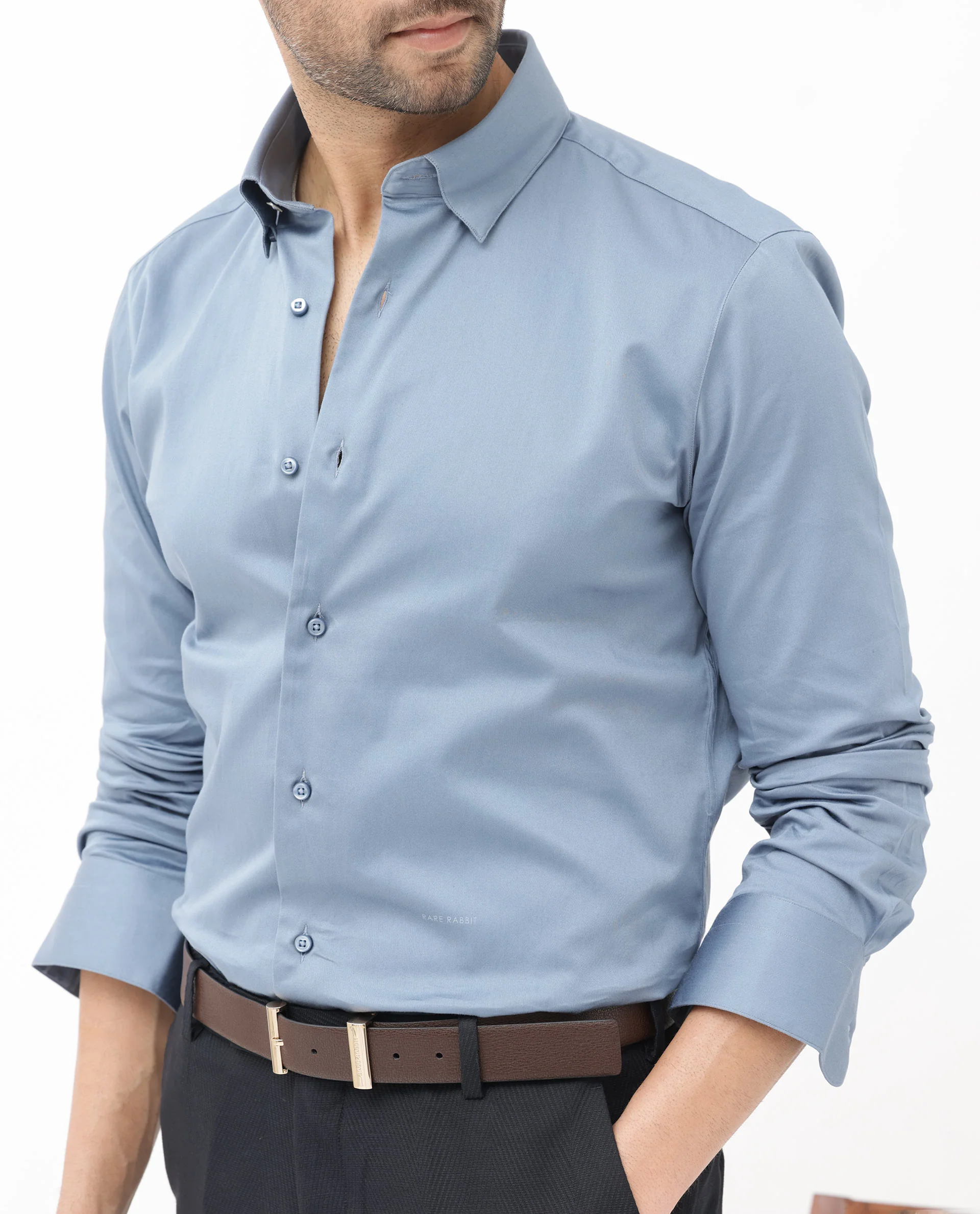 Rare Rabbit Men's Como4 Dusky Blue Cotton Plain Regular Fit Full Sleeve Collared Shirt - Image 6