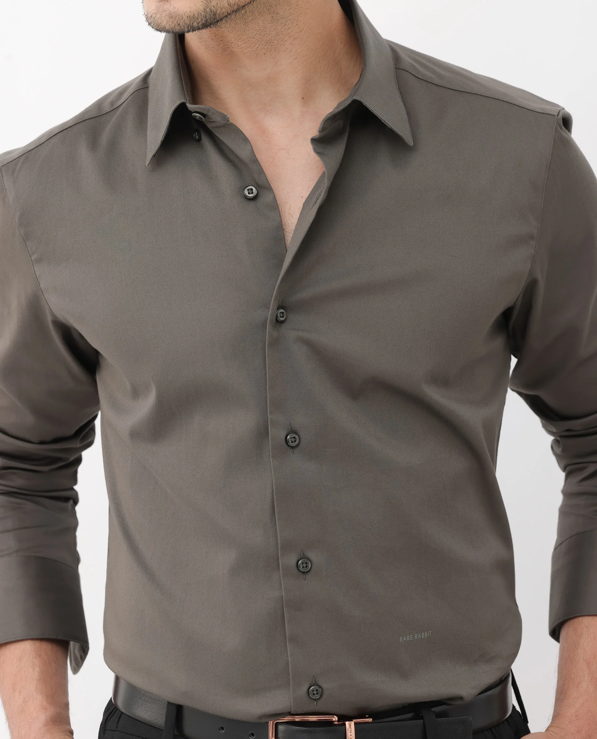 Rare Rabbit Men's Como-4 Dusky Olive Cotton Plain Regular Fit Full Sleeve Collared Shirt - Image 5