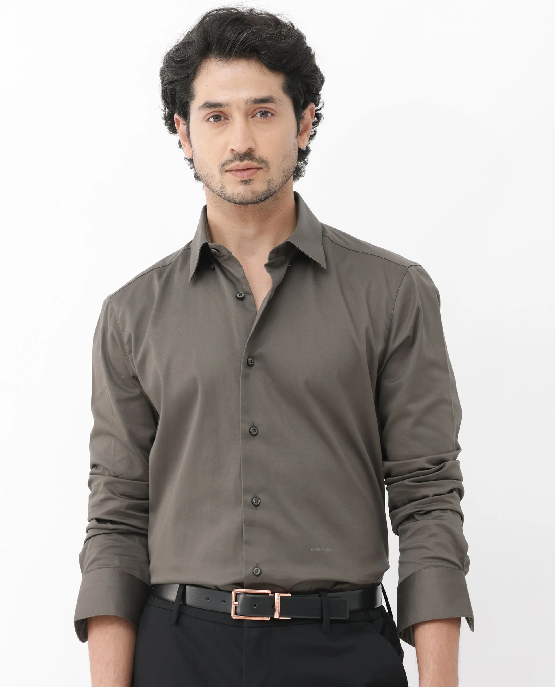 Rare Rabbit Men's Como-4 Dusky Olive Cotton Plain Regular Fit Full Sleeve Collared Shirt - Image 6