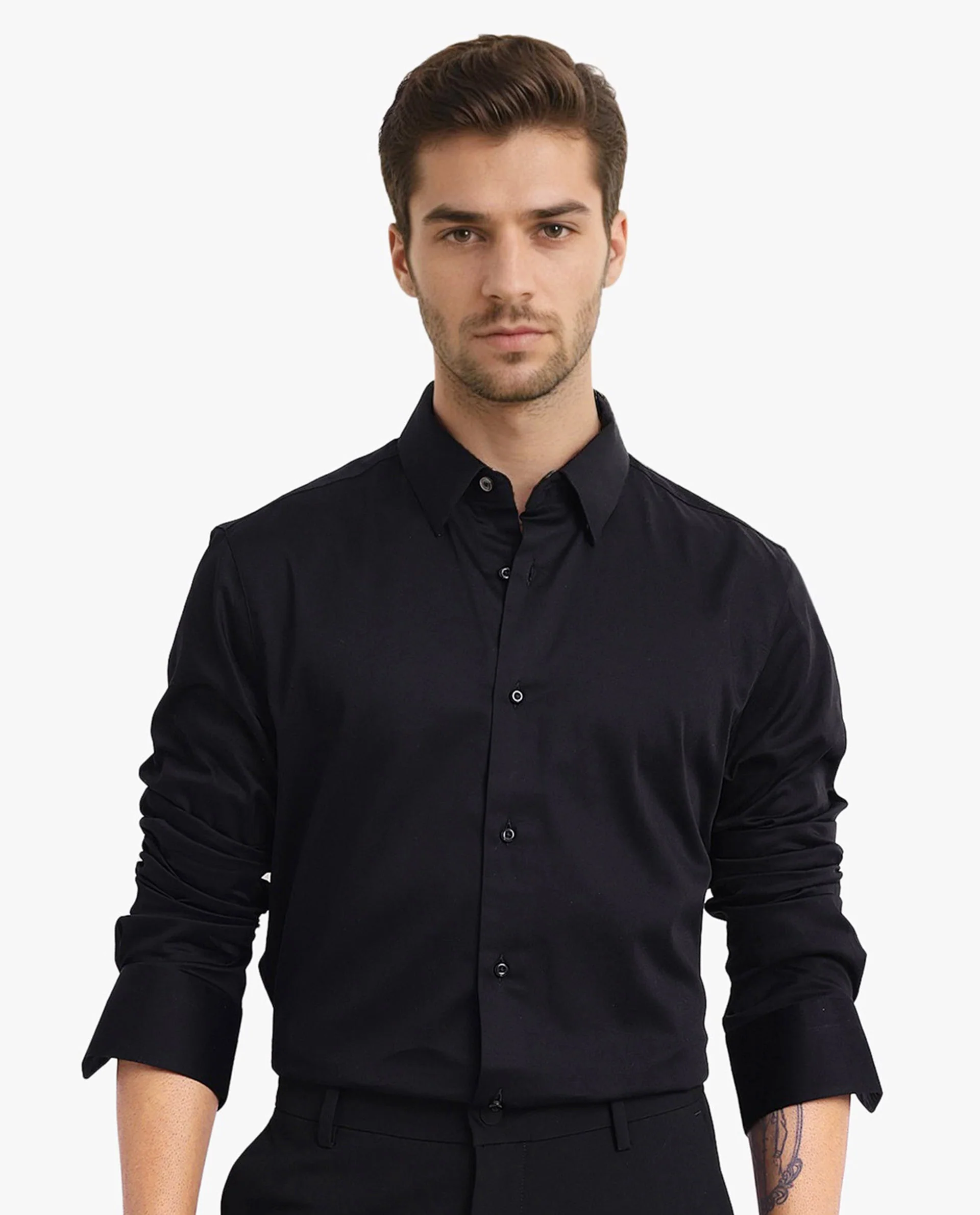 Rare Rabbit Men's Como-5 Black Satin Plain Regular Fit Full Sleeve Collared Shirt - Image 2