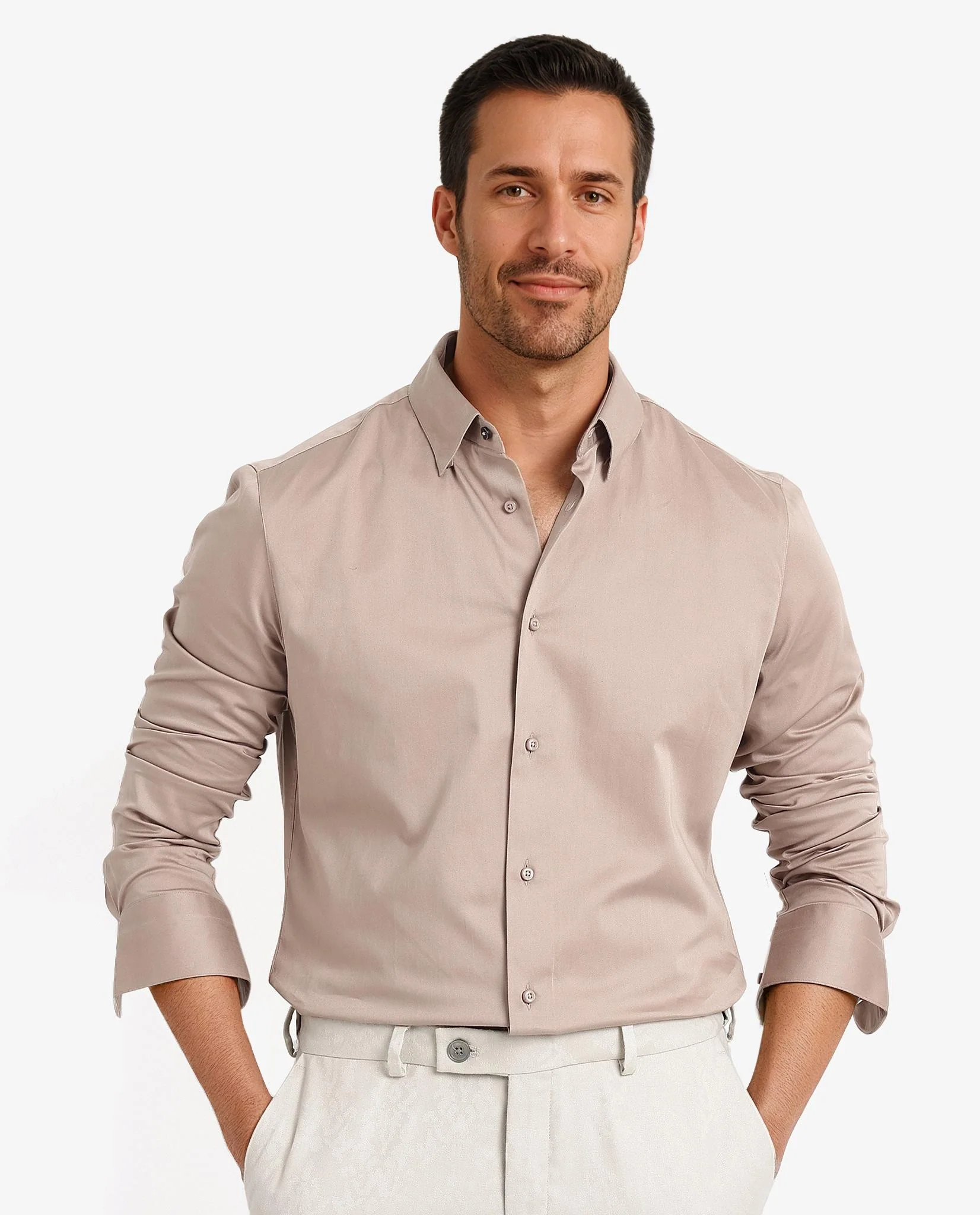 Rare Rabbit Men's Como-5 Dusky Peach Satin Plain Regular Fit Full Sleeve Collared Shirt