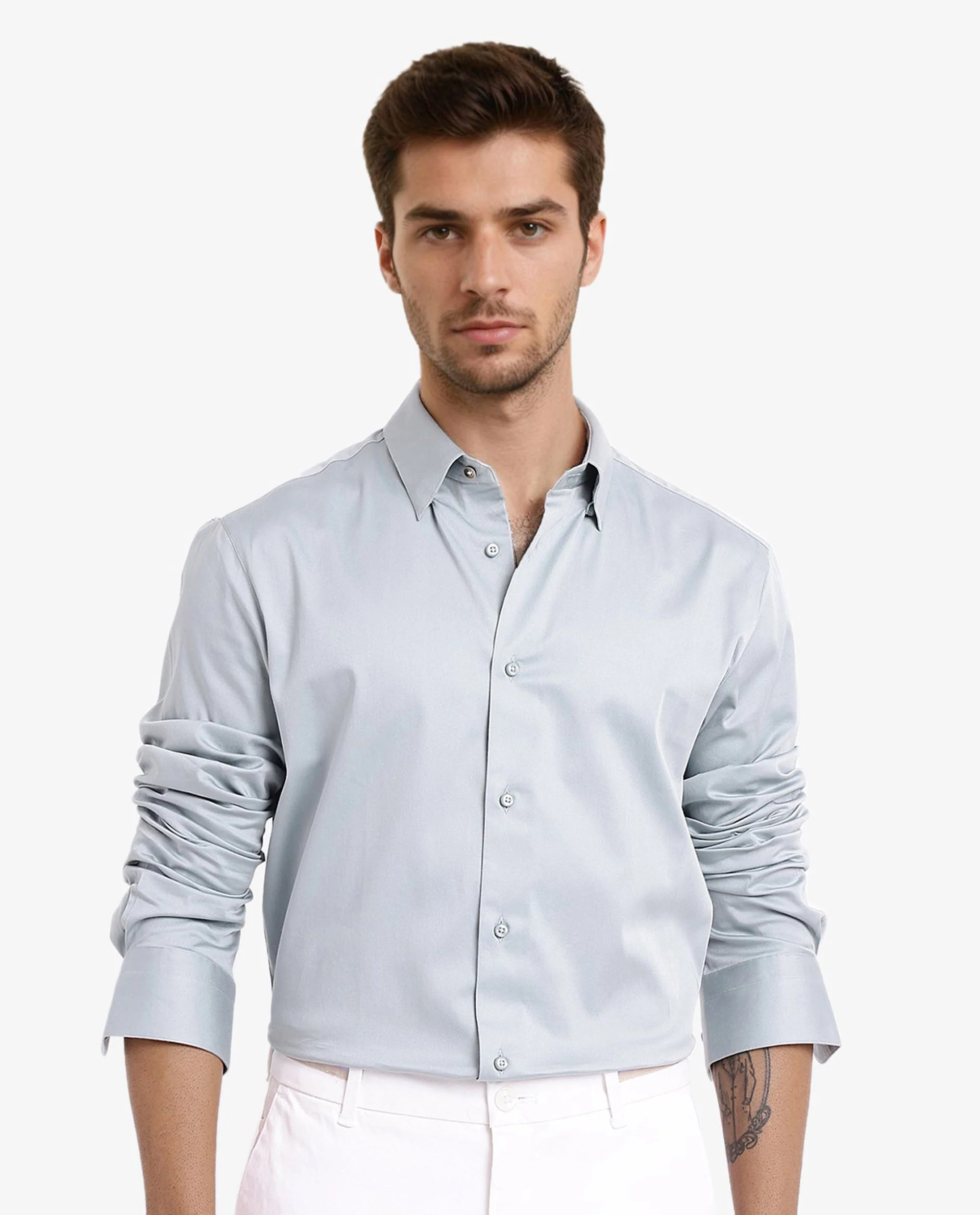Rare Rabbit Men's Como-5 Pastel Blue Satin Plain Regular Fit Full Sleeve Collared Shirt
