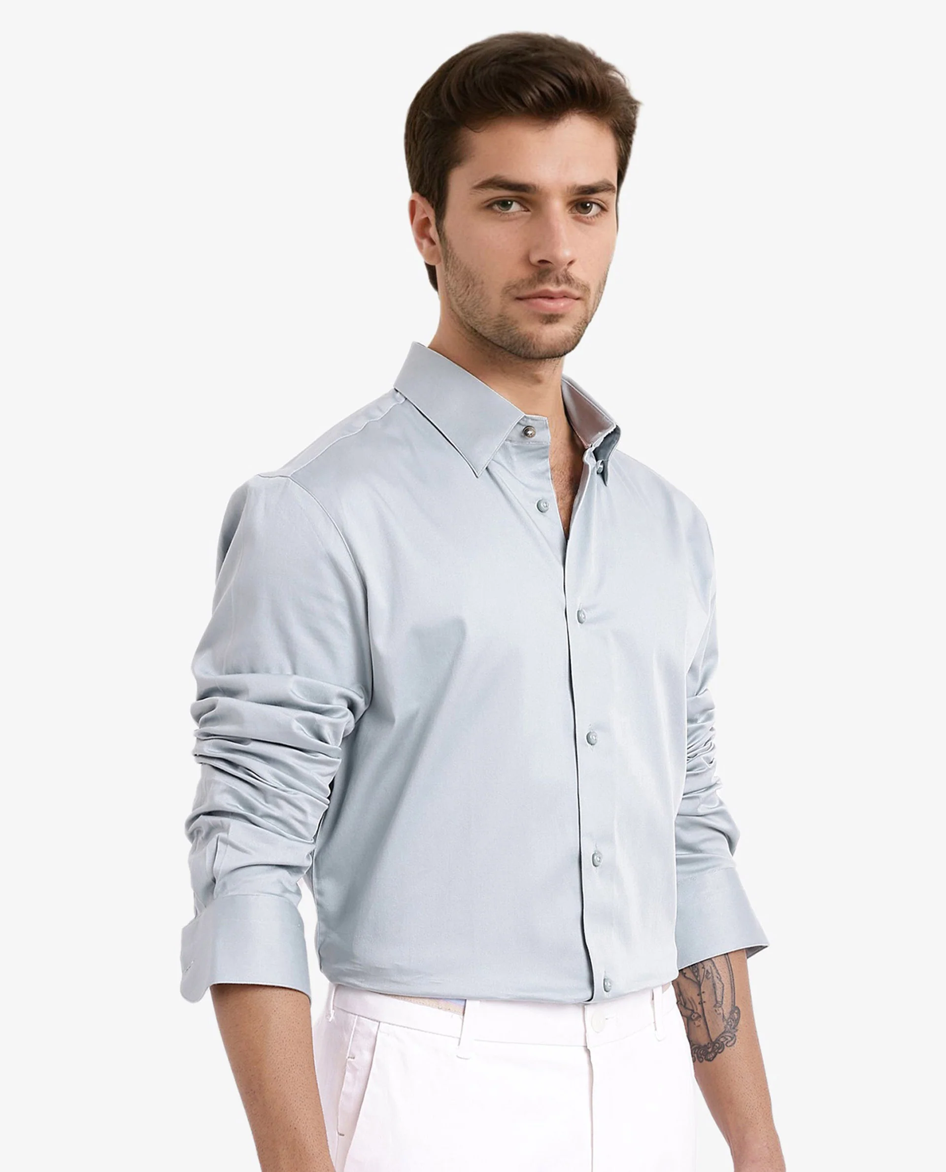 Rare Rabbit Men's Como-5 Pastel Blue Satin Plain Regular Fit Full Sleeve Collared Shirt - Image 4