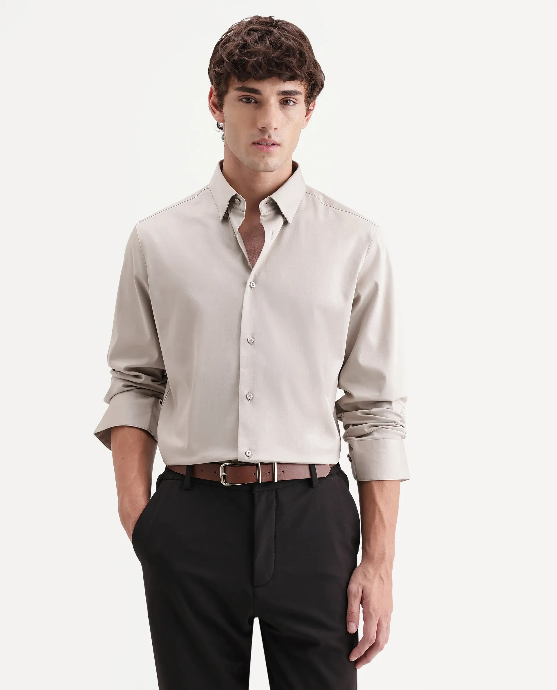 Rare Rabbit Men's Como-Aw26 Light Beige Cotton Blend Spread Collar Regular Plain Shirt - Image 4