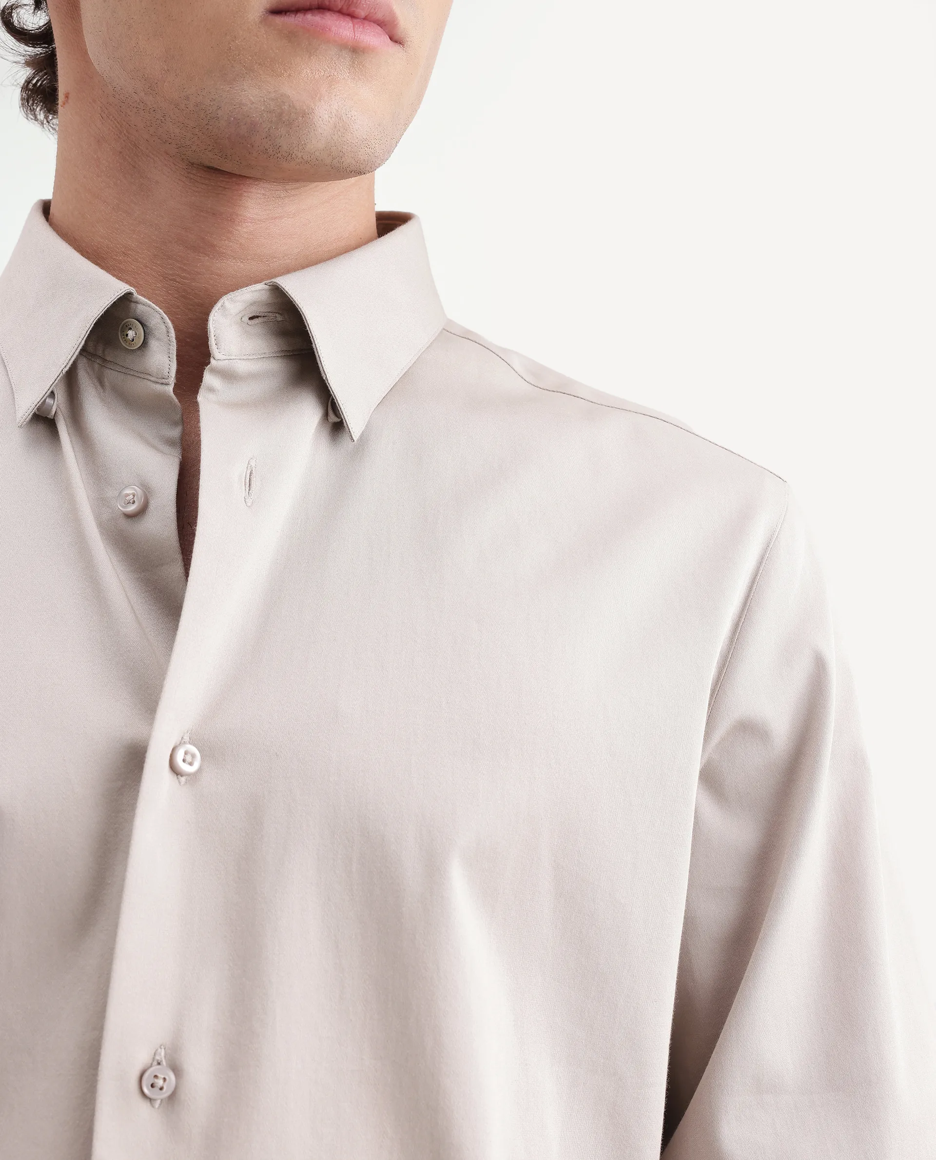 Rare Rabbit Men's Como-Aw26 Light Beige Cotton Blend Spread Collar Regular Plain Shirt - Image 5