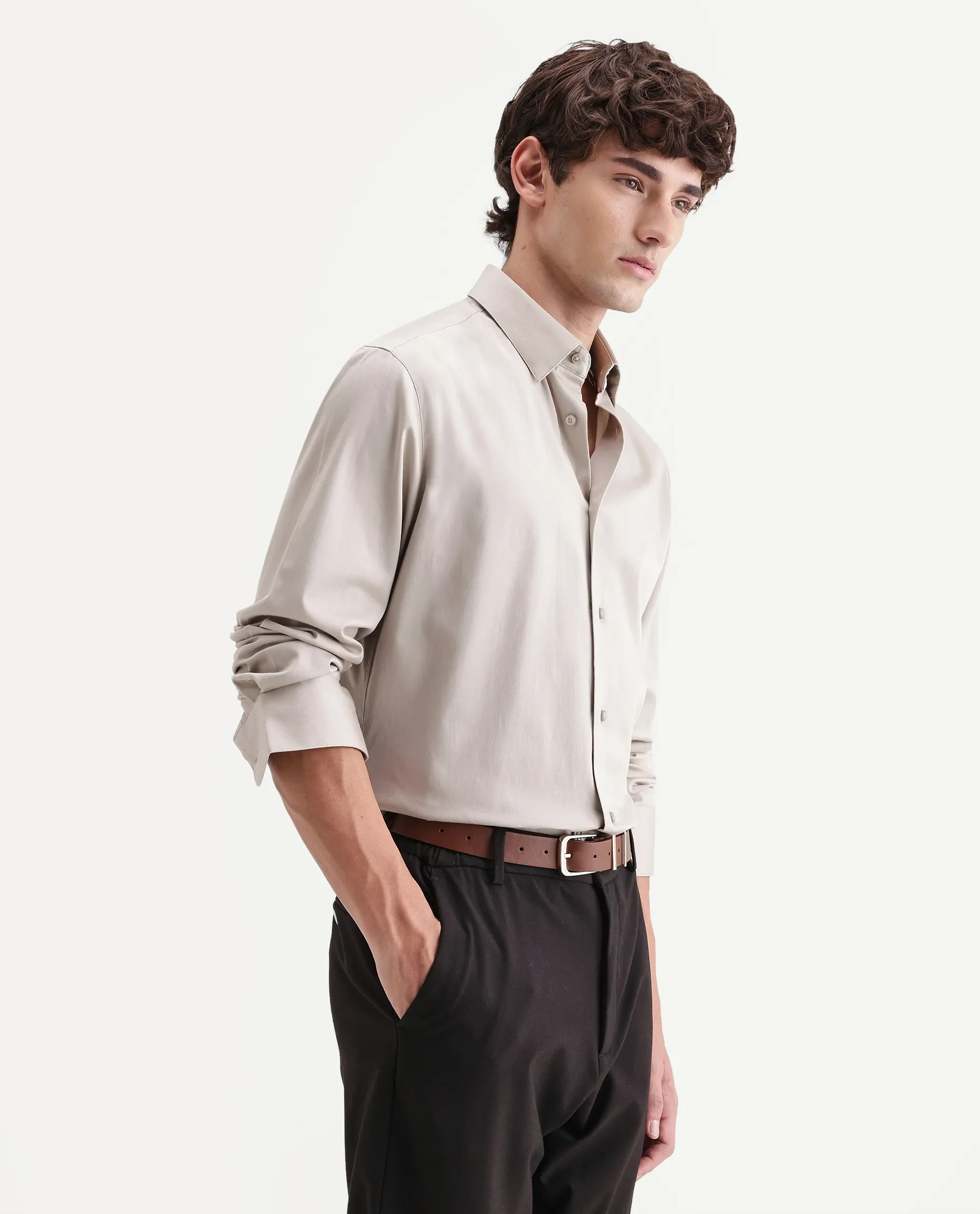 Rare Rabbit Men's Como-Aw26 Light Beige Cotton Blend Spread Collar Regular Plain Shirt - Image 7