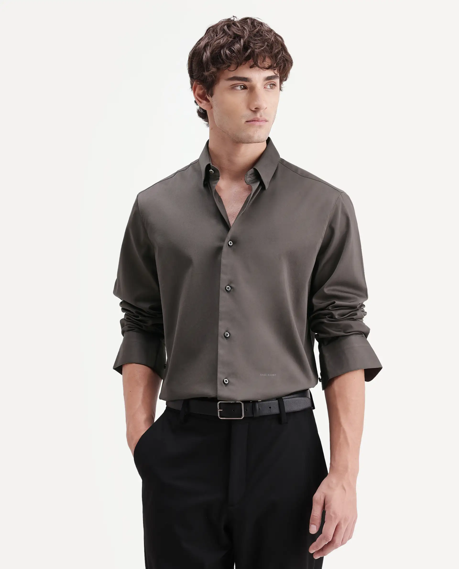 Rare Rabbit Men's Como-Aw26 Olive Cotton Blend Spread Collar Regular Plain Shirt - Image 5