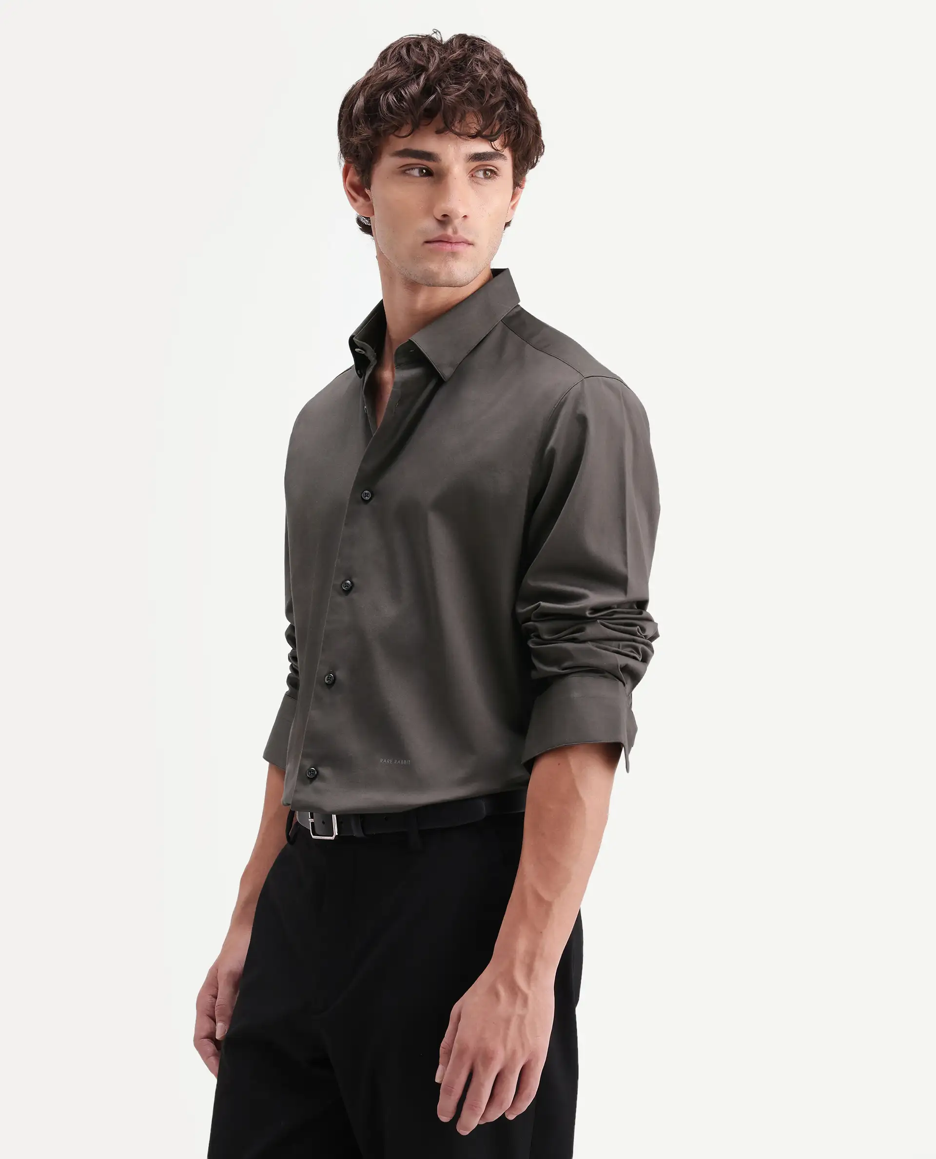 Rare Rabbit Men's Como-Aw26 Olive Cotton Blend Spread Collar Regular Plain Shirt - Image 6